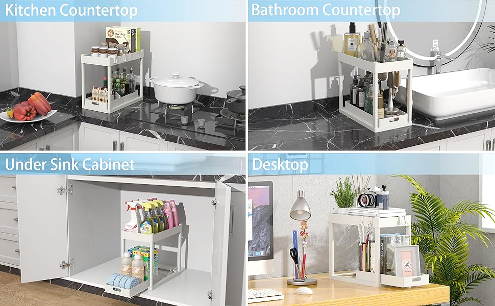 Under Sink Organizer Cabinet Basket Organizer Drawer for Bathroom Kitchen Desktop（White）
