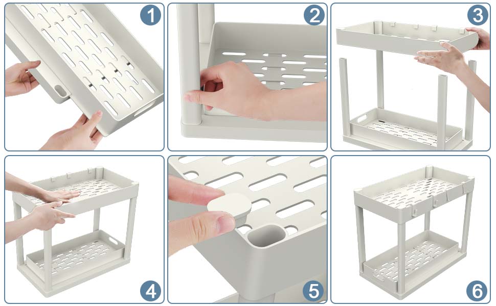 Under Sink Organizer Rack 2 Tier Under Sliding Cabinet Basket Organizer Drawer with 4 Hooks