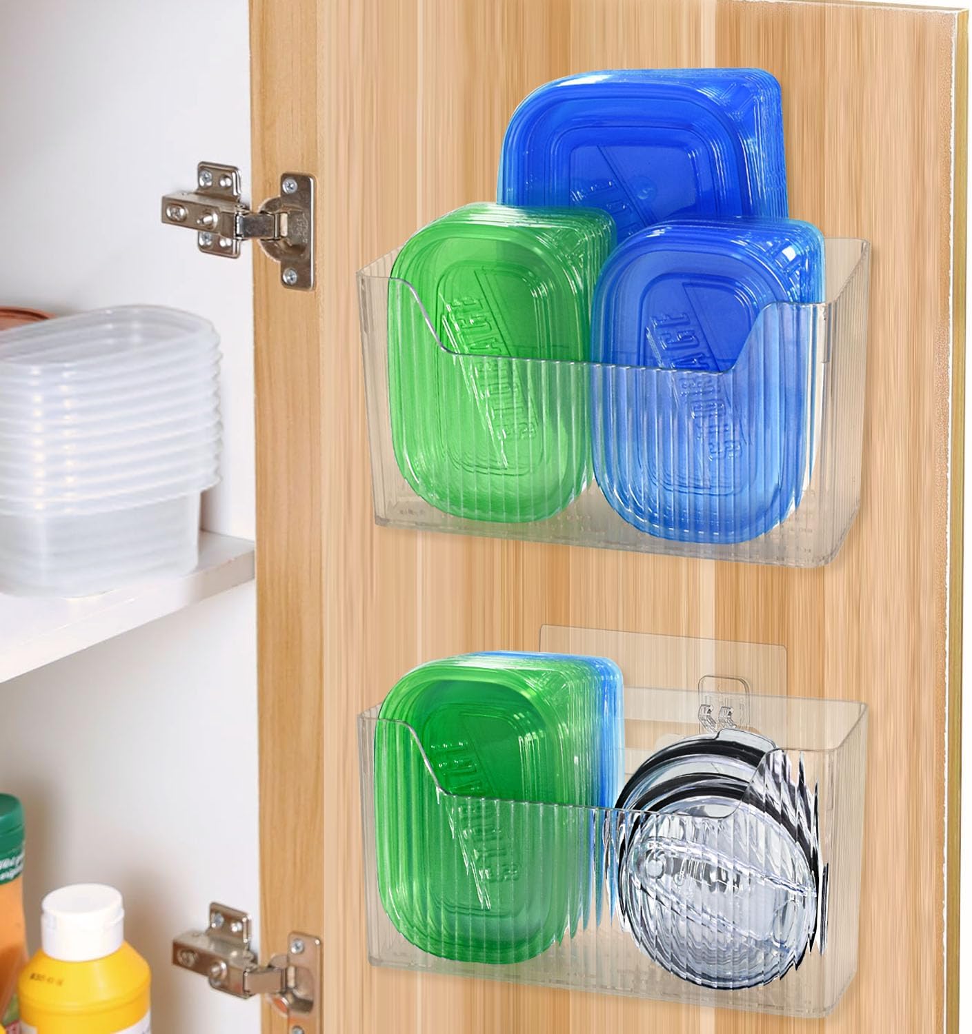 2 Pack Adhesive Cabinet Door Organizer Storage Caddy, Clear Lid Organizer Inside Cabinet Wall Mounted Pantry Door Caddy for Food Container Lid Kitchen Under Sink Basket (Clear)