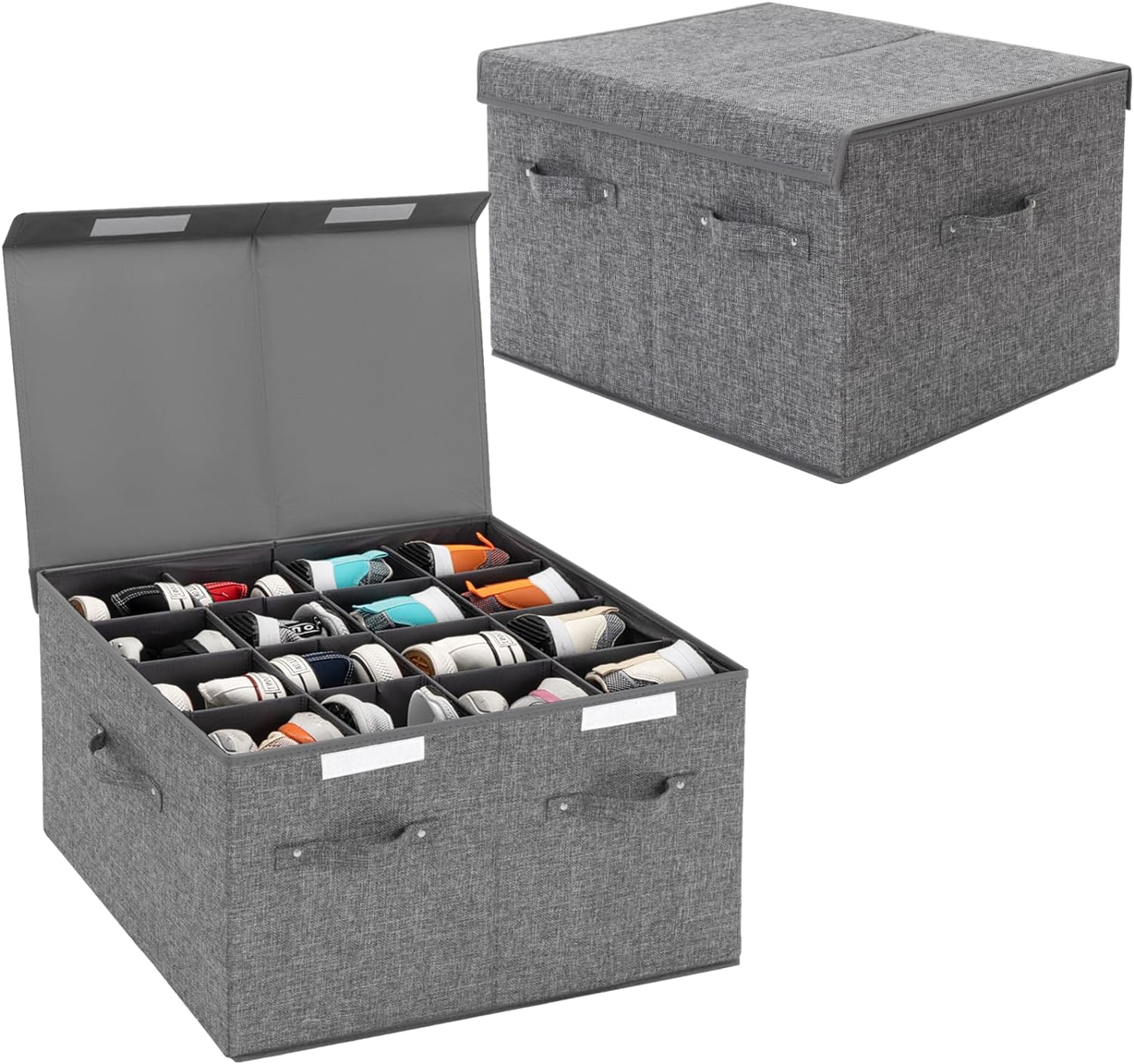 2 Pack Shoe Storage Box Fits 32 Pairs, Large Shoe Organizer Bins Containers with Lid and Adjustable Dividers for Shoes, Sneakers and High Heeled, Hard Shell and Stackable (Grey)