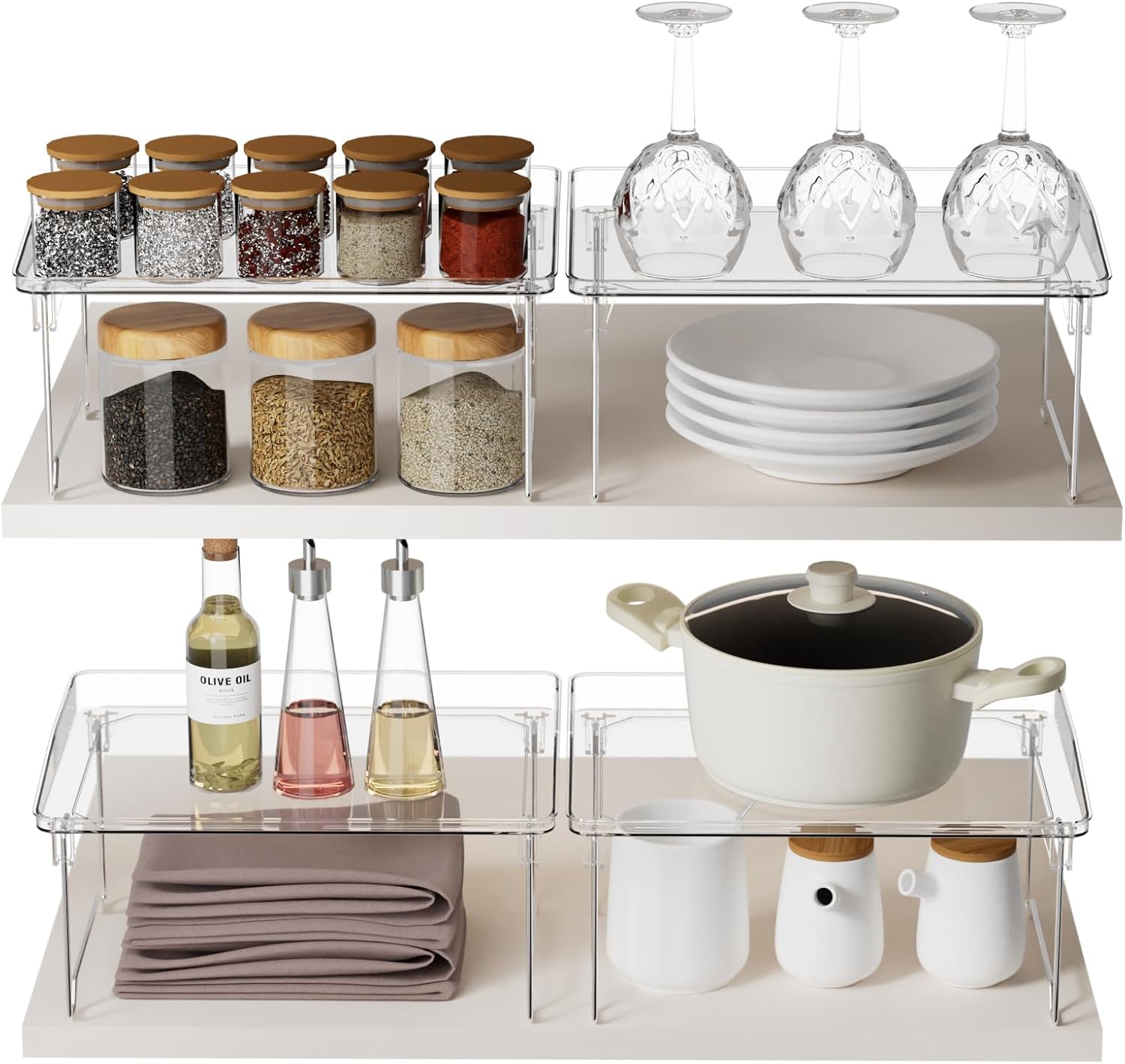 2 Pcs Cabinet Organizer Shelf，Stackable Kitchen Counter Shelves, Spice Rack,Countertop Organizers，Clear Plastic Storage Shelves Rack for Makeup，Bathroom, Cupboard，Desk，Pantry Organization
