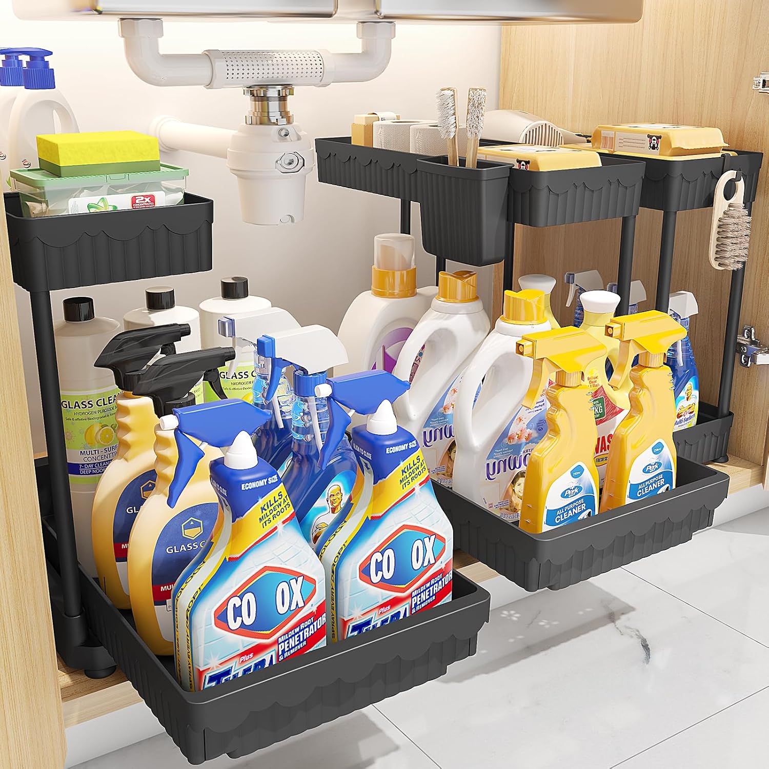 3 Pack Multi-Purpose Under Sink Organizers and Storage, 2025 L-Shaped Pull Out Cabinet Organizer for Bathroom & Kitchen, Under Cabinet Organizer with Hooks Hanging Cup, Black