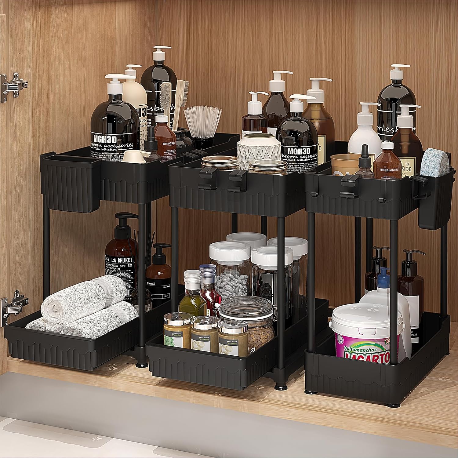 3 Pack Under Sink Organizers, 2-Tier Multi-Use Kitchen and Bathroom Organizers and Storage with Sliding Drawers，Bathroom Cabinet Organizer (Black)