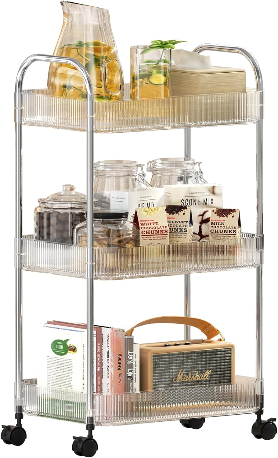 3 Tier Rolling Cart with Wheels,Utility Trolley with Handle,Clear Acrylic Movable Storage Organizer for Kitchen,Bathroom,Nursery,Laundry,Book,Snack,Craft