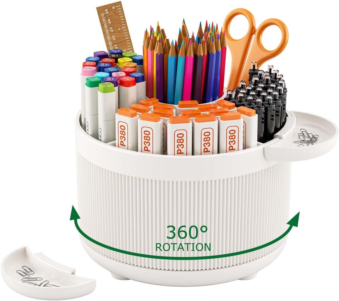 360 Degree Rotating Pen Holder for Desk, 2025 Upgraded Spinning Desk Organizer for Stationery, Pen, Pencil, Marker, Makeup Brush with 2 Detachable Small Trays, Multi-color Choice - White