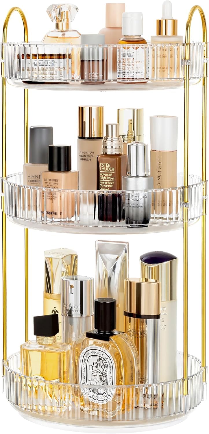 360 Rotating Makeup Organizer Countertop Clear 3 Tier Bathroom Organizer Spinning Perfume Organizers, Skincare Organizers Makeup Carousel Cosmetic Brush Storage for Vanity, Countertop