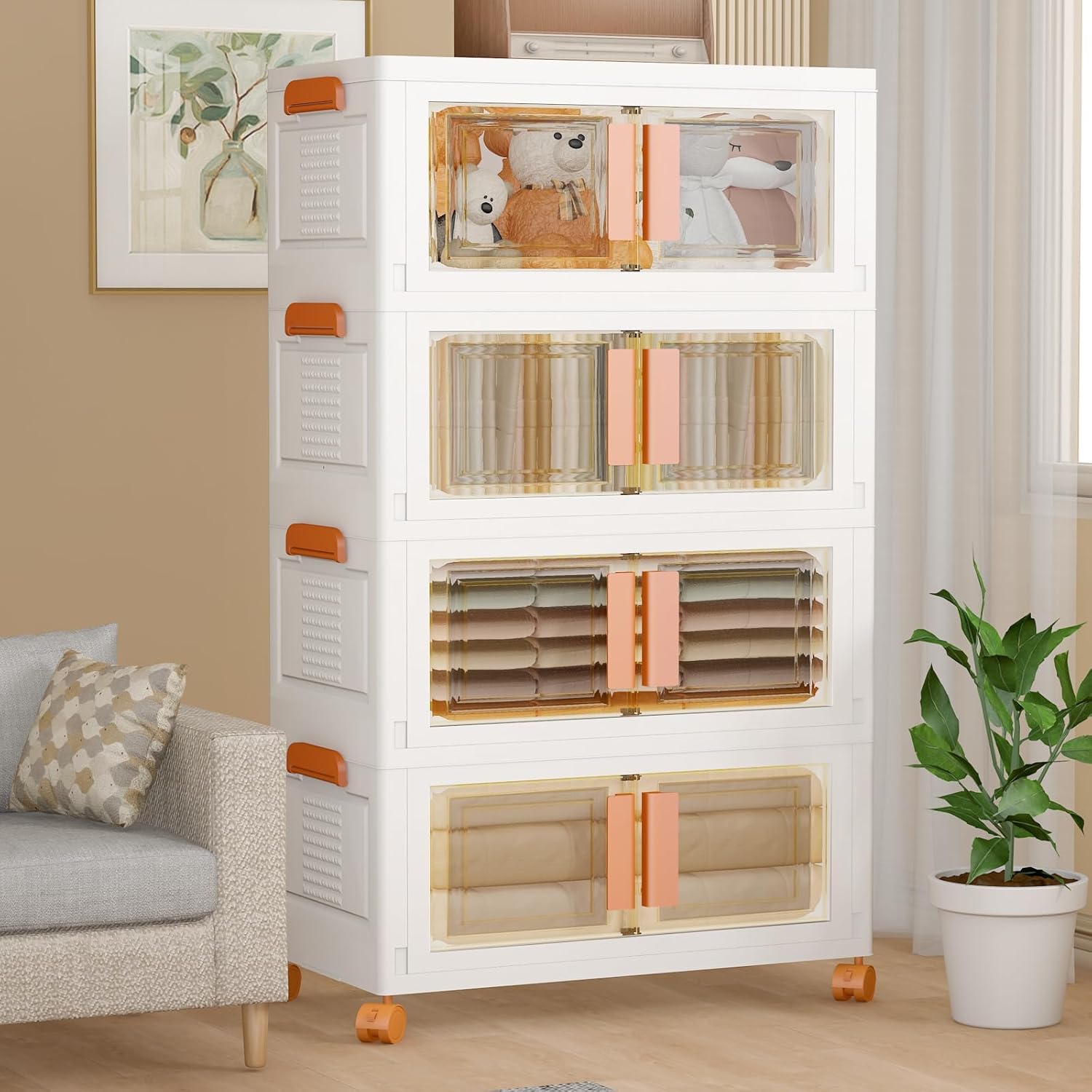 388 QT Storage Bins with Lids, Folding Storage Box with Doors and Wheels, Largr Stackable Collapsible Storage Bins, 4 Pack Closet Organizers and Storage for Home, Office.