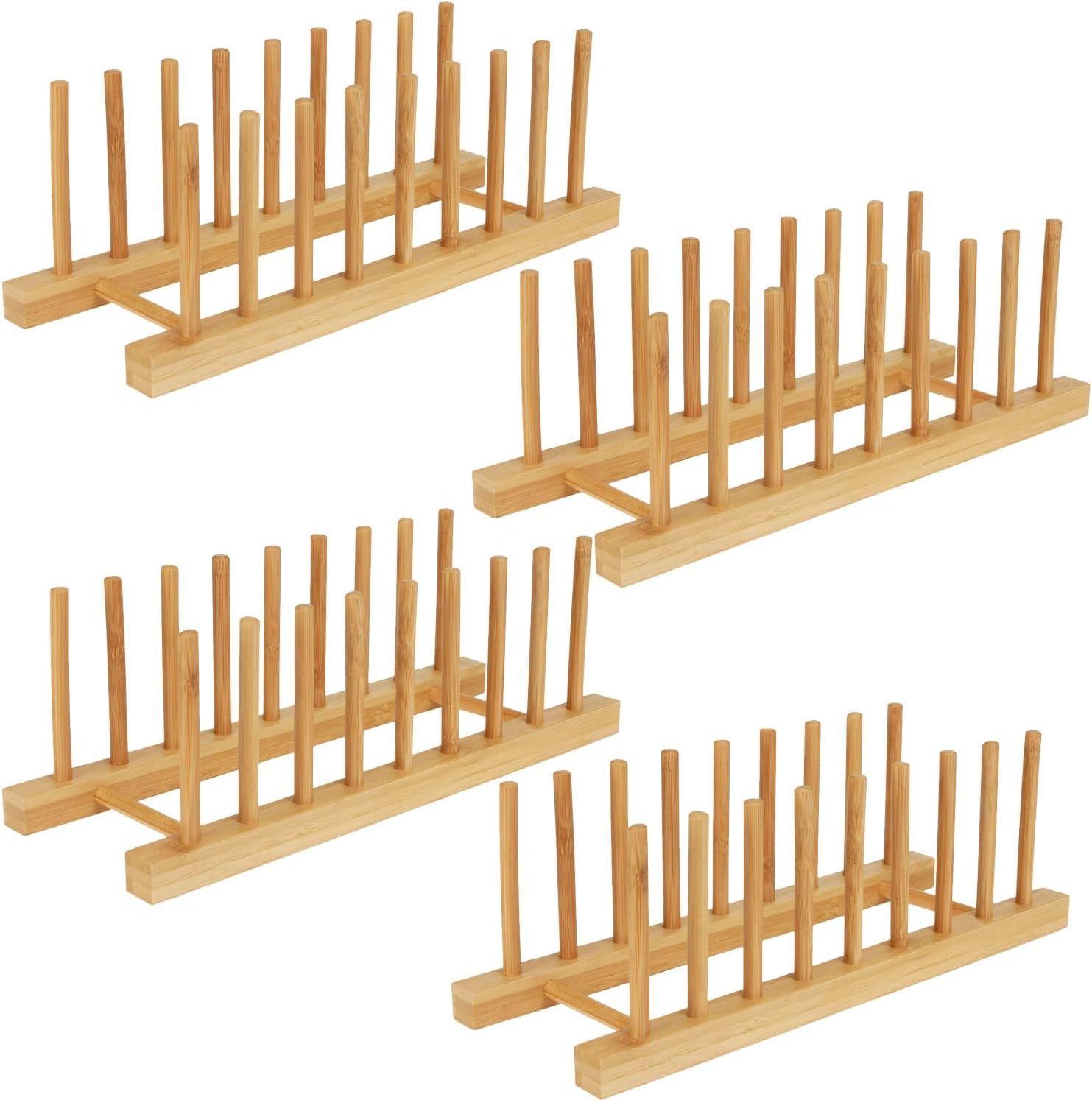 4 Pcs Bamboo Wooden Dish Drying Rack, Plate Organizer for Cabinet Space Saver and Kitchen Counter, Cutting Board Organizer for Pot Lid, Bowl, Cup, Book and More