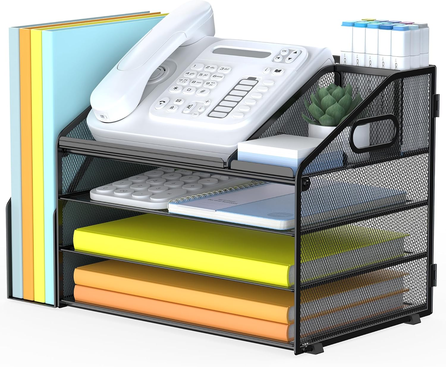4 Tier Paper Letter Tray File Organizer, Mesh Desk File with Handle, Workspace Desk Organizers with Pen Holder, Office Organization Storage Accessories - Black