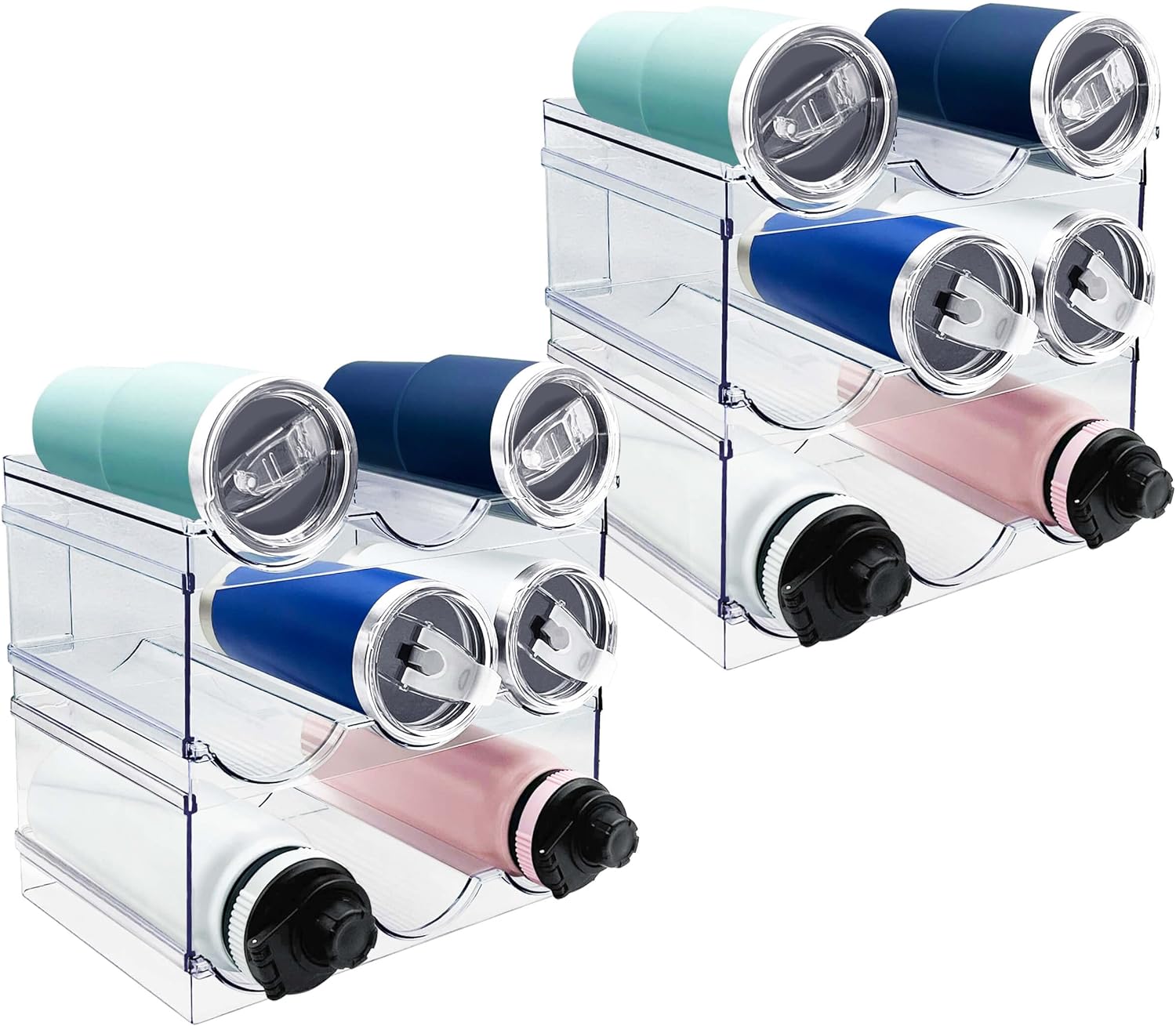6 Pack Water Bottle Organizer, Stackable Kitchen Home Pantry Organization and Storage Shelf, Plastic Water Bottle Holder for Kitchen Cabinet Storage, Wine Tumbler Travel Mug Cup Organizer