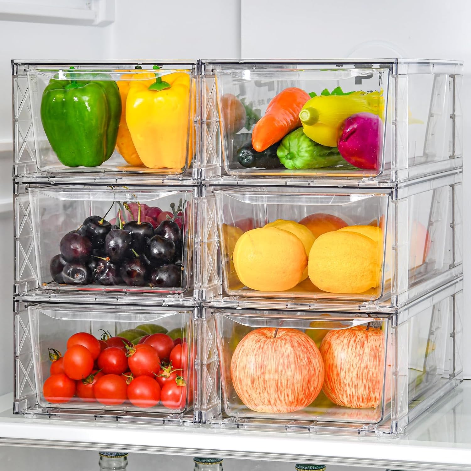 6Pack Pantry Organizers and Storage,Clear Stackable Kitchen Storage Organizer,Foods Organizer Bins with Handles, Easily Assemble for Bathroom, Kitchen, Refrigerator, Pantry, Cabinet, Closet