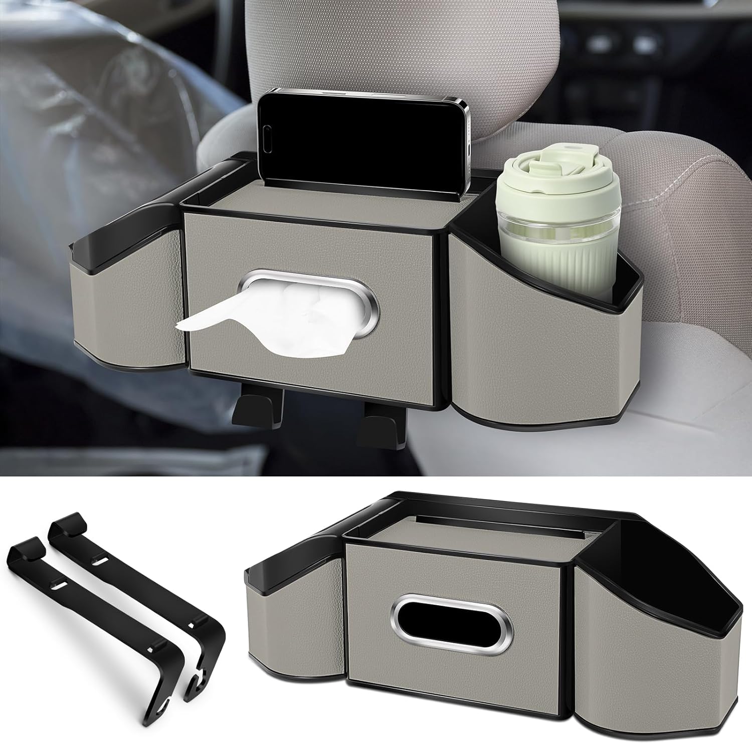 7-In-1 Car Seat Back Organizer with 3.74” Cup Holders, Tissue Box, Garbage Can & Hooks, Multifunctional Car Seat Back Storage Box, Extra Headrest Cup Holder for Backseat (Gray)