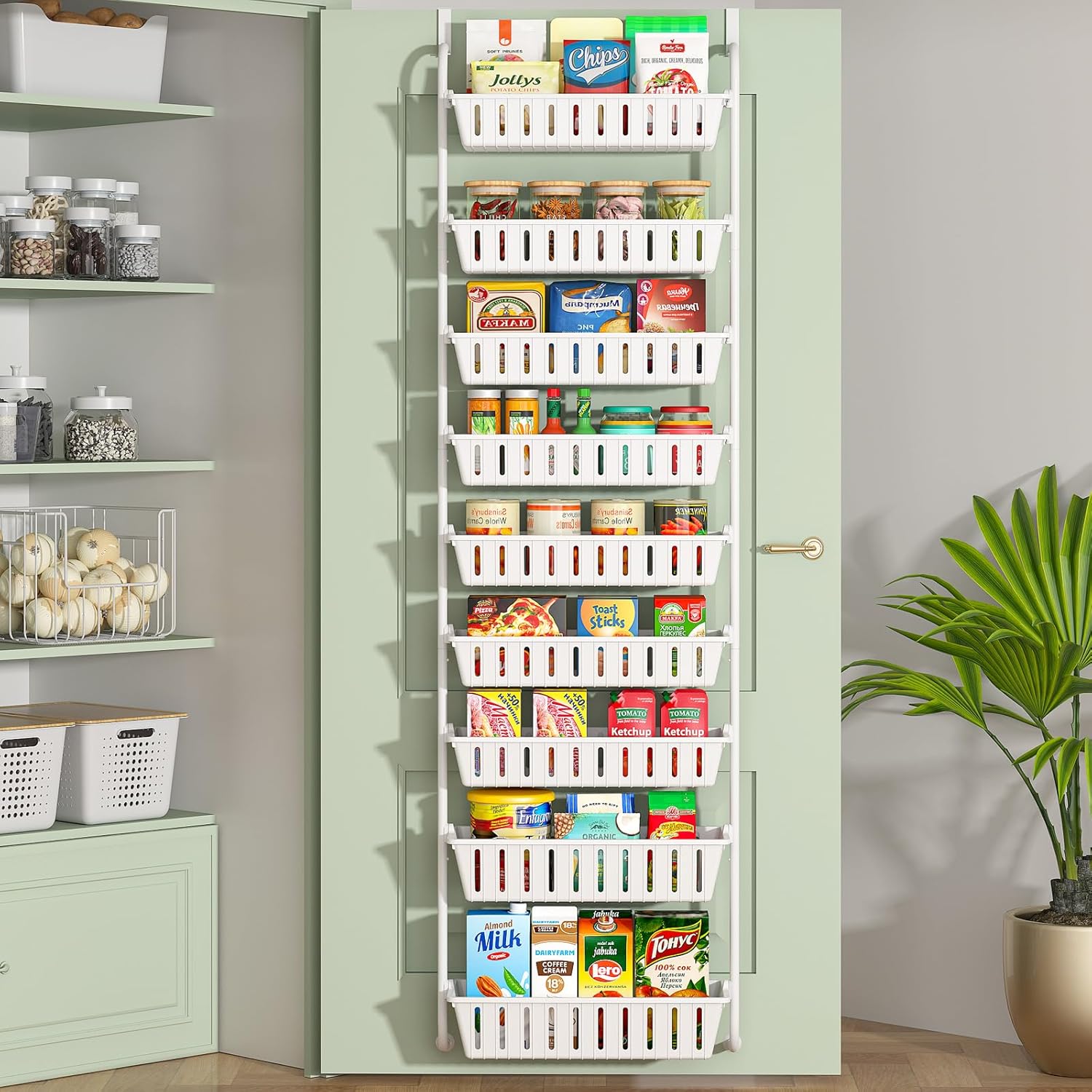 9-Tier Over The Door Pantry Organizer, Pantry Organization and Storage, Hanging Door Spice Rack Shelves for Home & Kitchen Organization, Laundry & Bathroom Essentials (White)