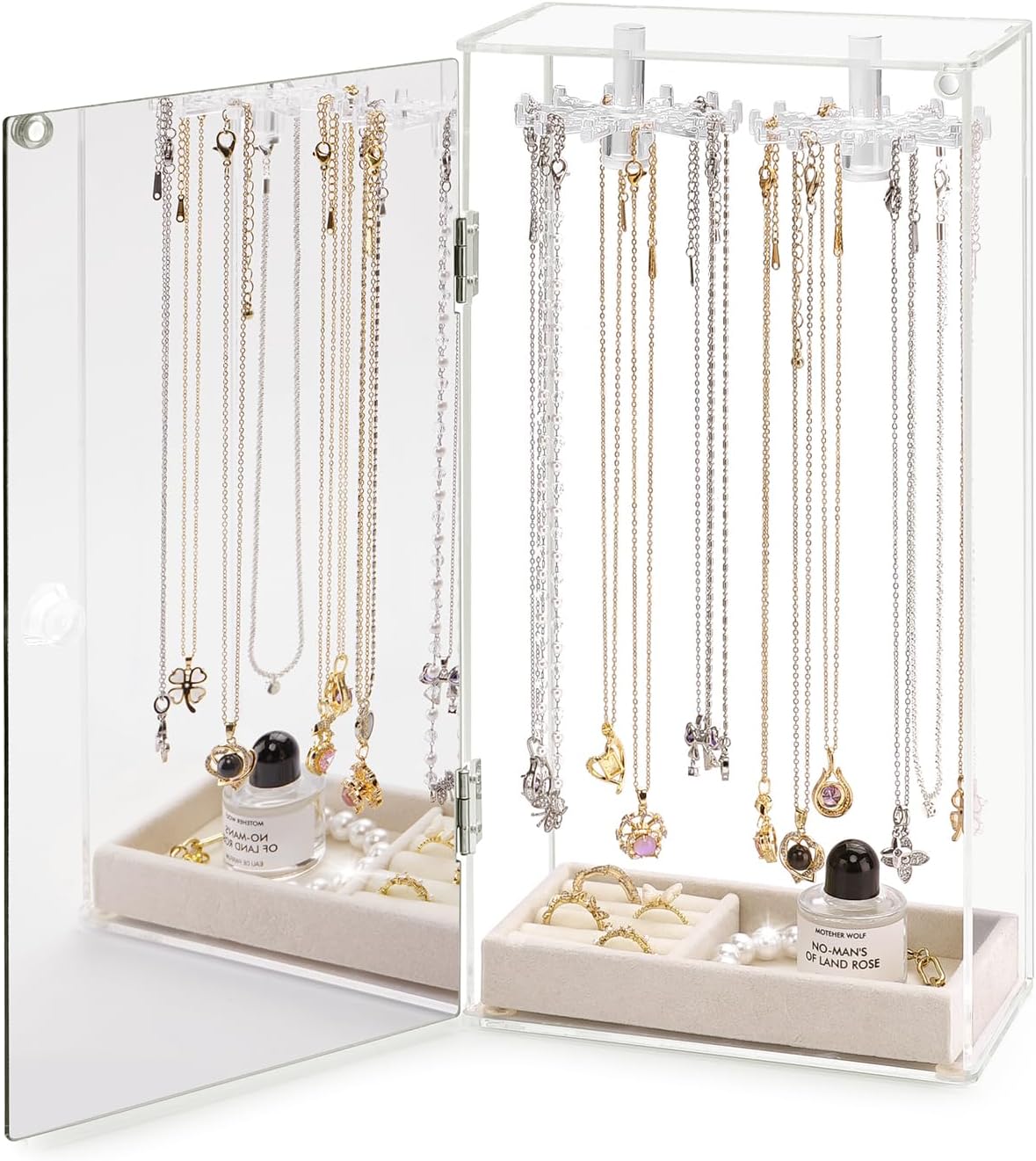 Acrylic Jewelry Organizer with Mirror - 24 Rotating Hooks, Velvet Tray for Necklaces, Rings & Earrings - Clear Necklace Holder Organizer, Rotating Jewelry Box, Elegant Necklace Jewelry Box for Women