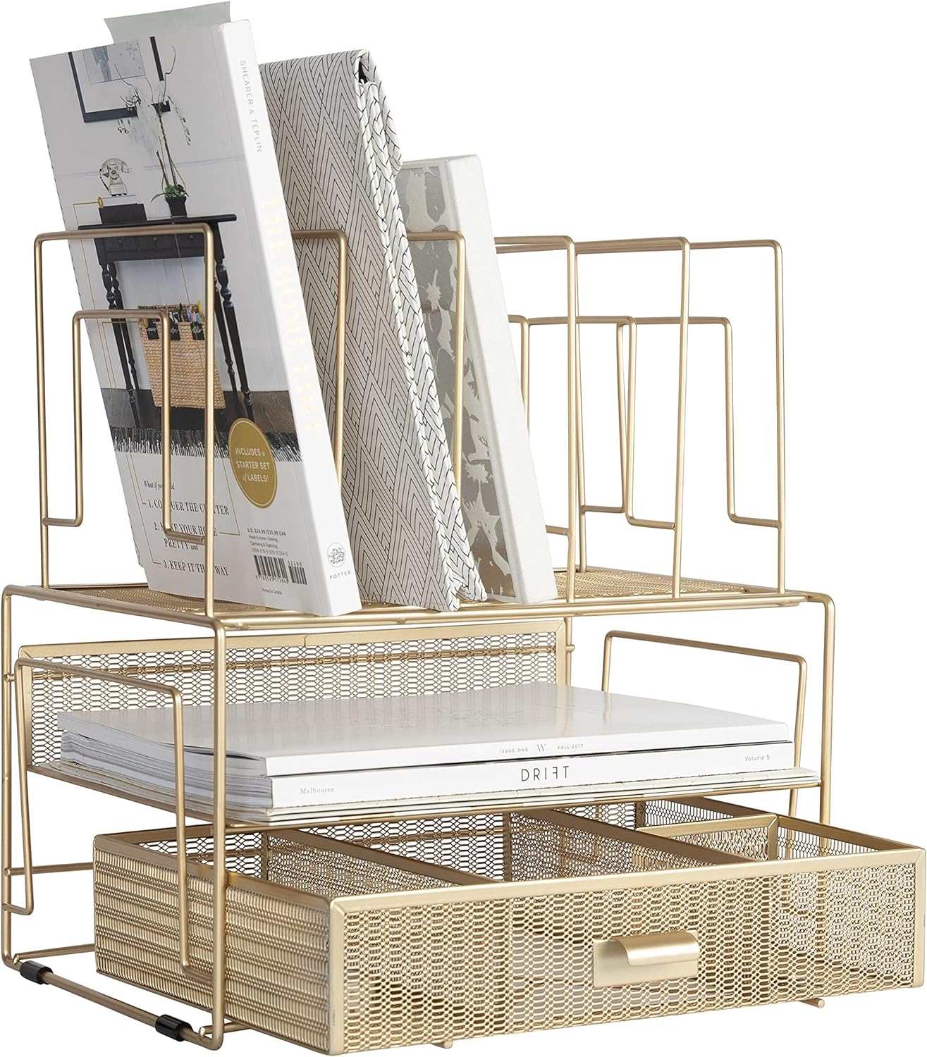 BLU MONACO Gold Desk Organizer – Cute File Holder for Desk & Drawer Storage for Office Supplies, Paper, Devices & Folders