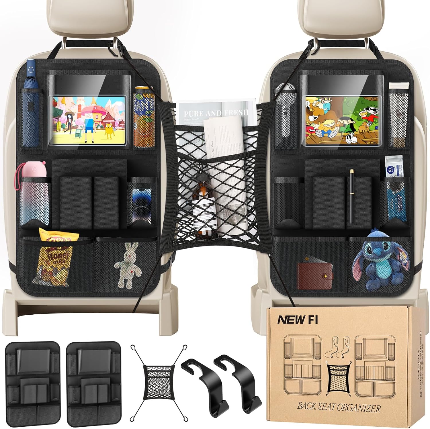 Backseat Car Organizer(20 Storage Pockets),Come with Free 1 Seat Net and 2 Headrest Hook, Touch Screen Tablet Holder, Divider for Driving Safely Children & Pets…, Car Organizer (black)