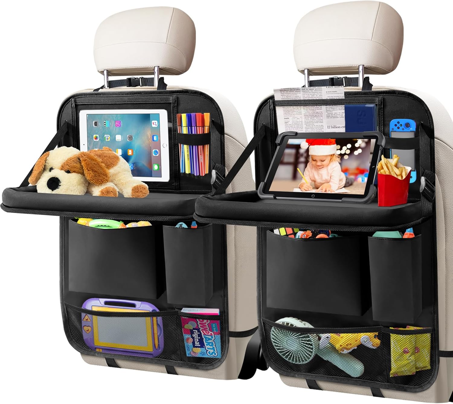 Car Backseat Organizer with Tablet Holder, 6 Storage Pockets Foldable Table Tray Seat Back Protectors Kick Mats Travel Accessories, 2 Pack Black