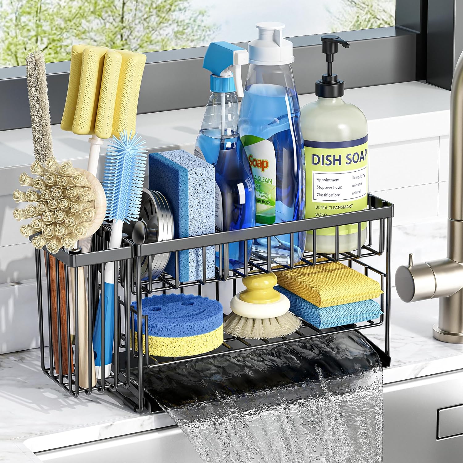 Cisily 2-Tier Kitchen Sink Caddy Organzier with Flexible Dish Brush Holder, Sponge Holder for Kitchen Sink Countertop Organization Storage,Home Decor Accessories Essentials Stainless Steel