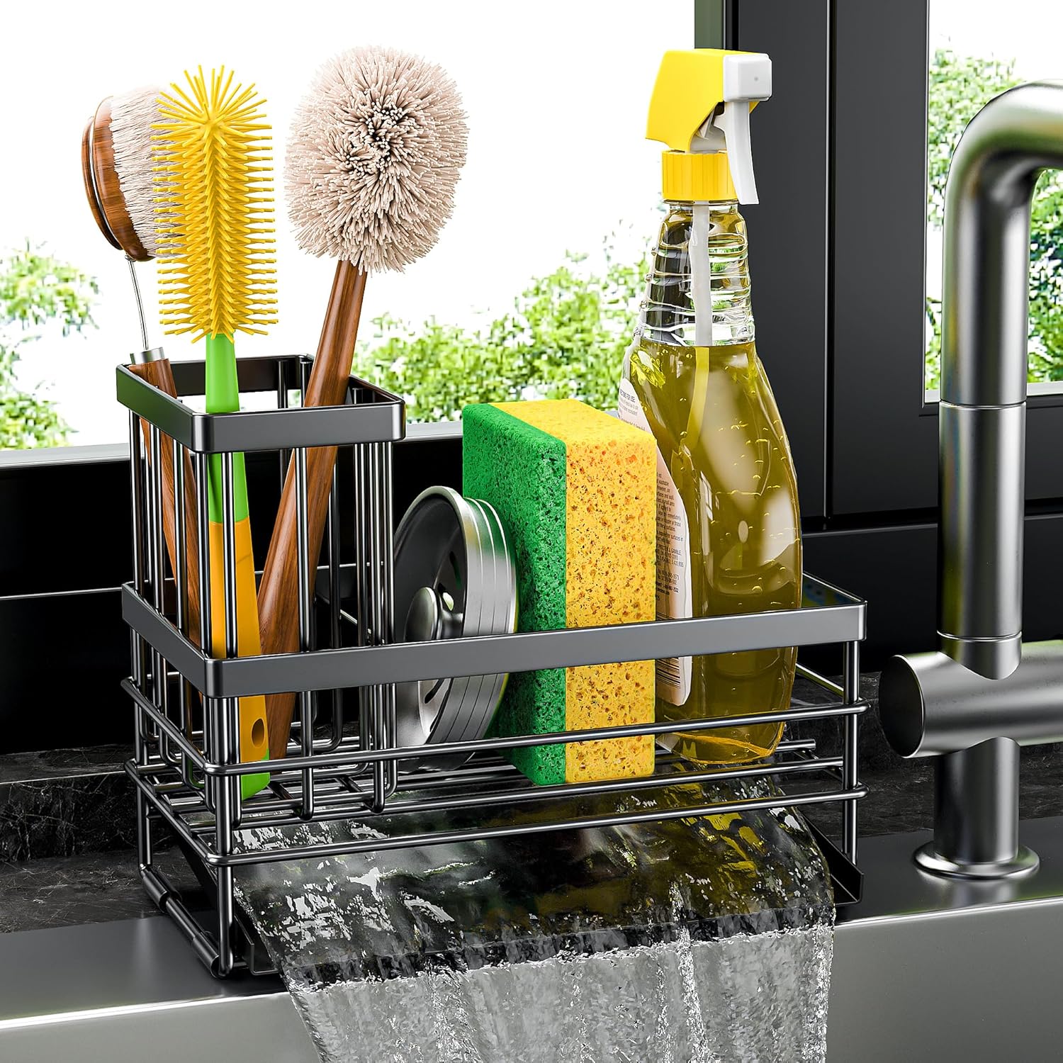 Cisily Sink Caddy Sponge Holder for Kitchen with Brush Holder and Stainless Steel Self Drain Tray, Rustproof Kitchen Sink Organizer for Sponge, Soap Dispenser Storage Accessories