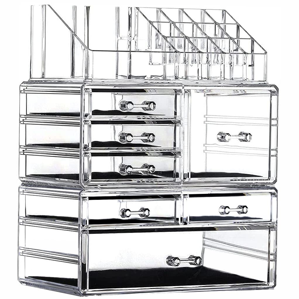 Clear Acrylic Makeup Organizer for Vanity,Countertop,Stackable 7 Drawers Bathroom Skincare Organizer with Brush Holder,Large Skin Care Organizer for Jewelry,Beauty Product Lipsticks,Nail Polishes