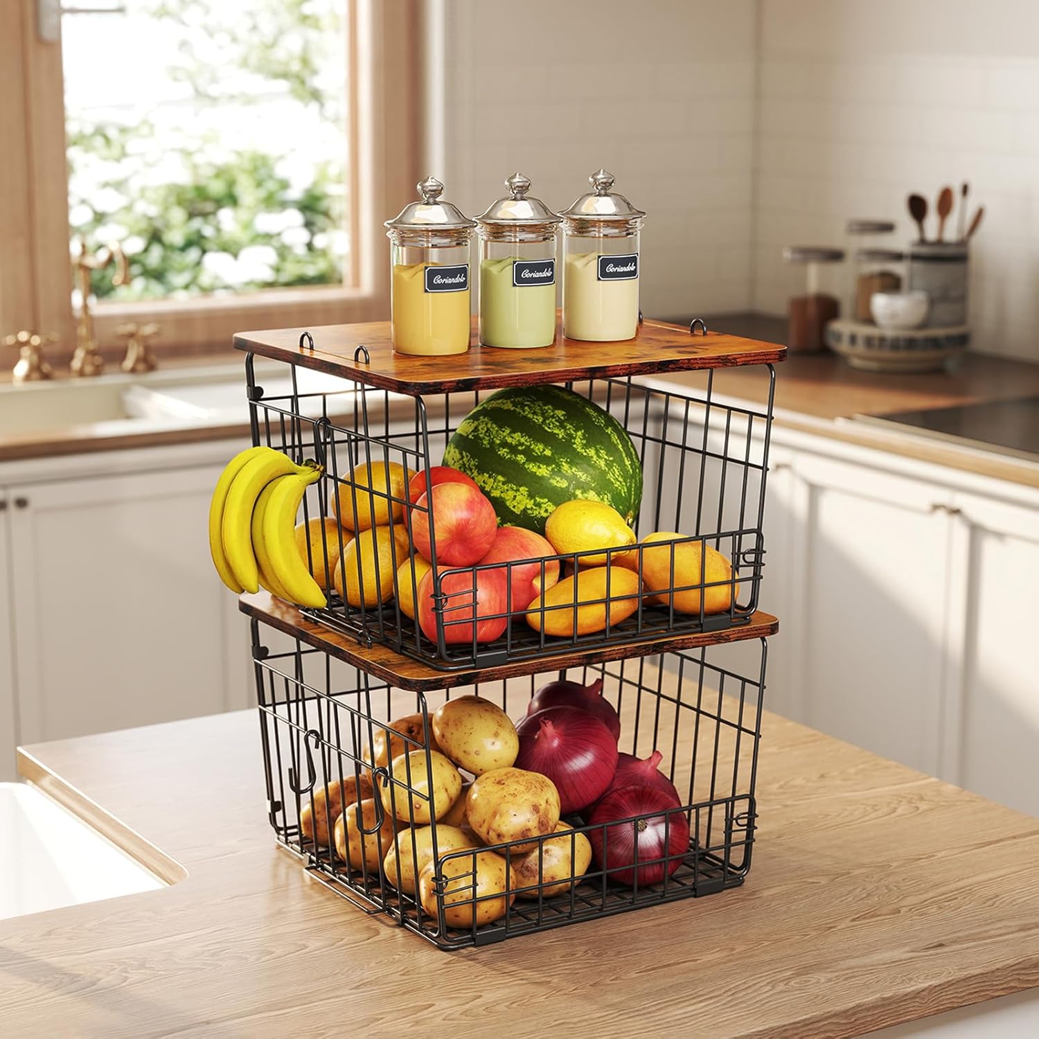 Delamu 2 Pack Stackable Wire Basket with Wood Top, Pantry Organizer and Storage, Potato Basket Onion Storage for Kitchen Counter, Onion Fruits Spice Organizer for Cabinet Shelf Countertop Floor