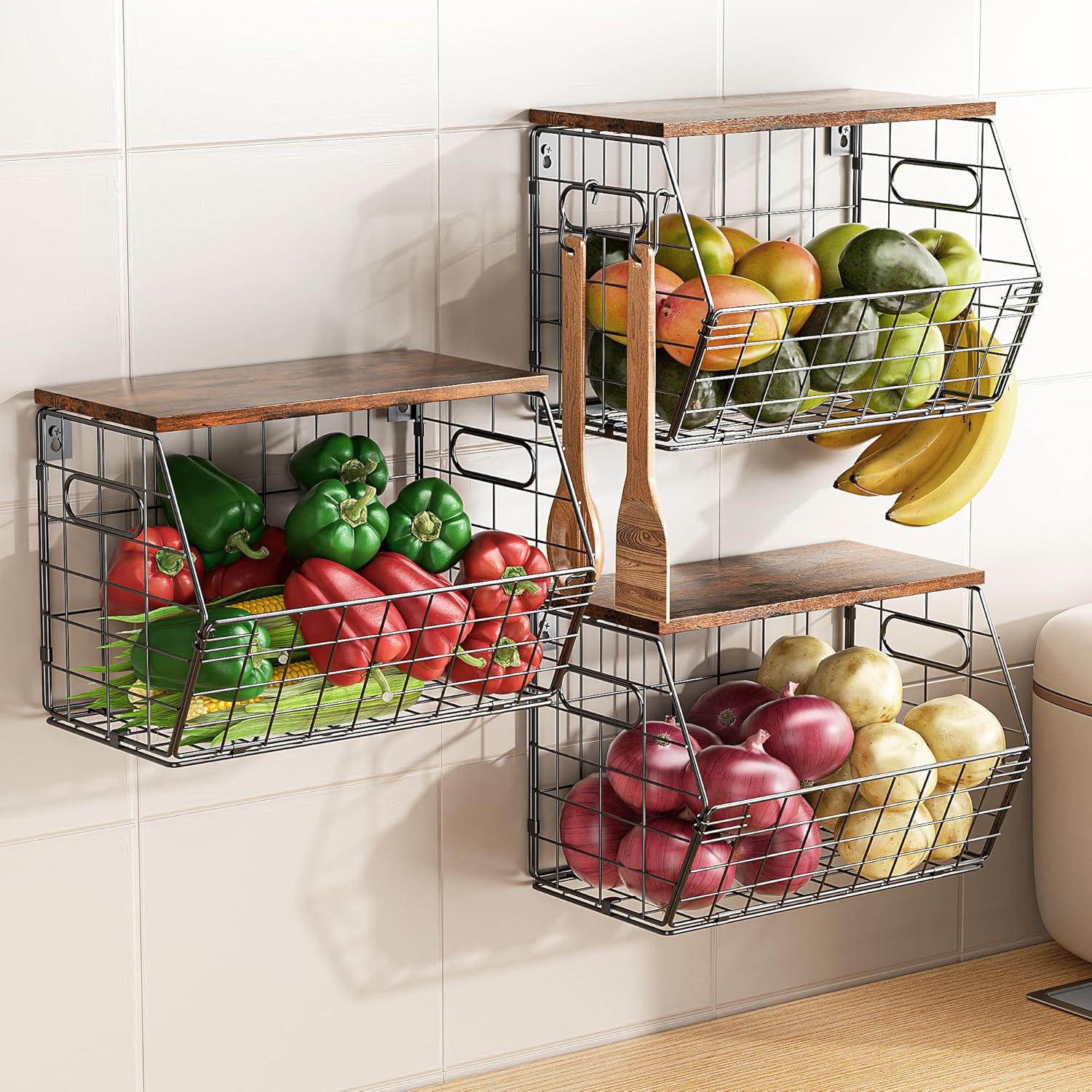 Delamu 3 Pack Stackable Metal Fruit Basket with Wood Lid-Wall Mounted&Countertop Organizer for Kitchen,Pantry- Ventilated Storage for Onions,Potatoes,Fruits,Spices
