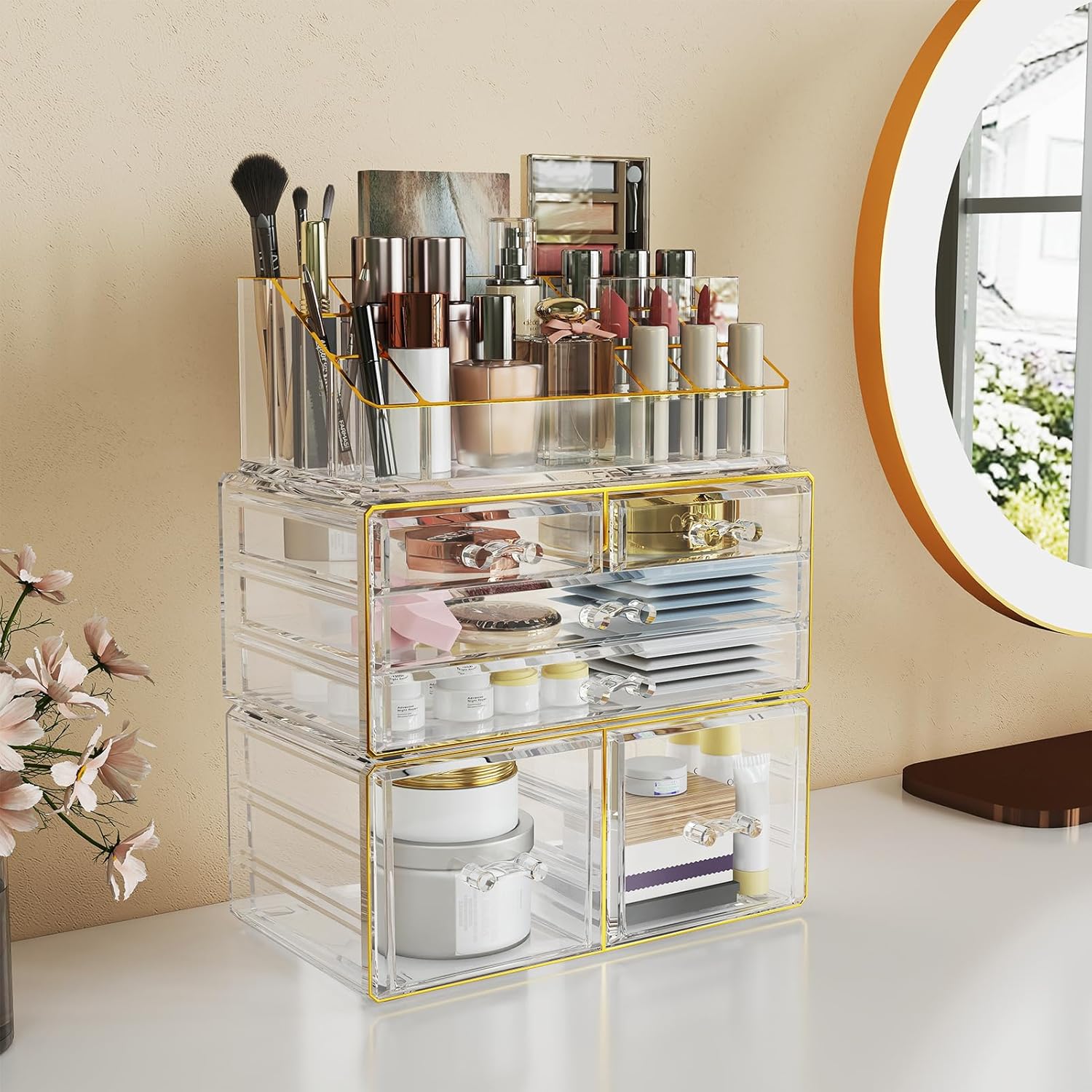 Delamu 3-Tier Acrylic Makeup Organizer Countertop - Cosmetic Organizer with 6 Drawers, Vanity Organizer for Bathroom/Bedroom, Stackable Makeup Organizers for Lipstick Brush, Skincare, Perfume, Clear
