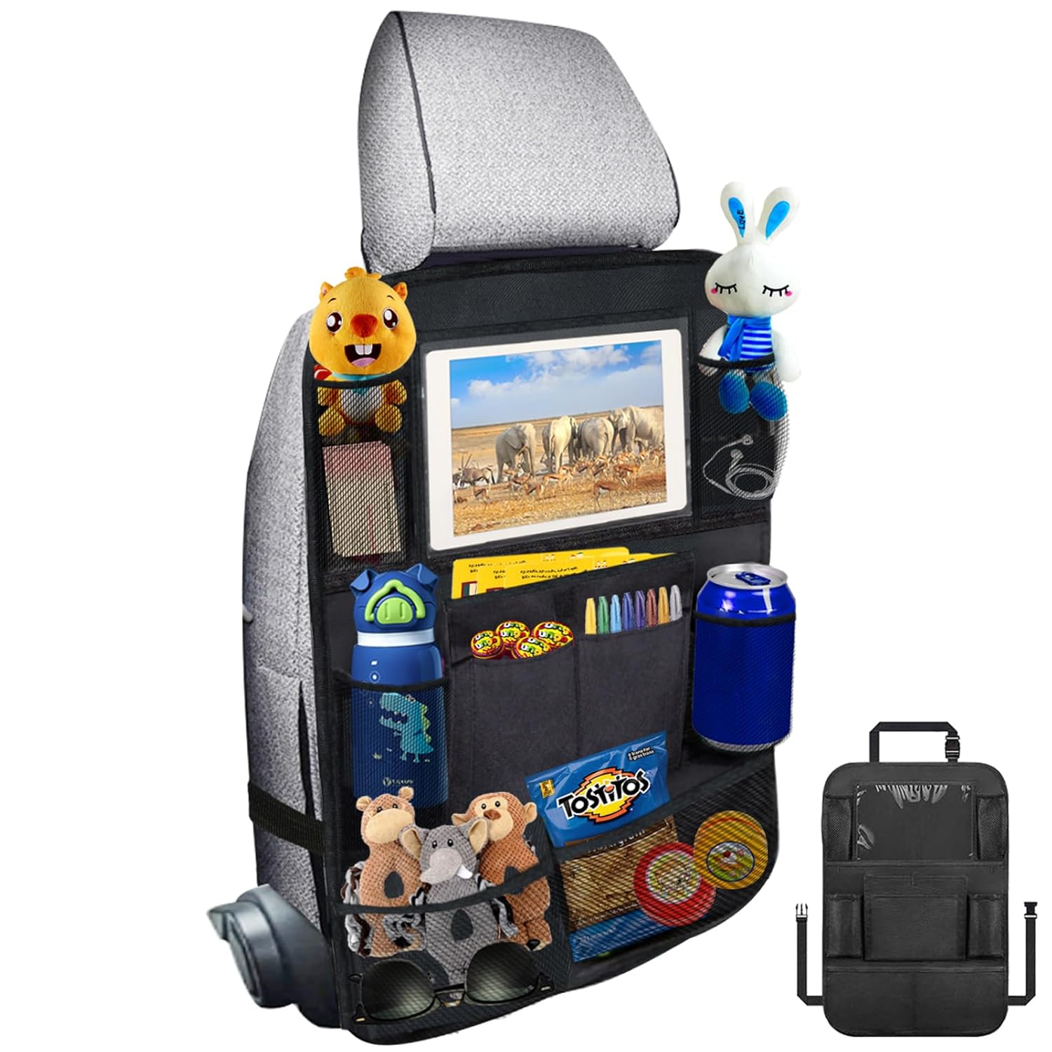 Ecurfu Backseat Car Organizer with 10 Compartments, 10 Inch Tablet Holder, Waterproof Storage Bag for Kids Cars - 600D Oxford Fabric, Black (1PC)