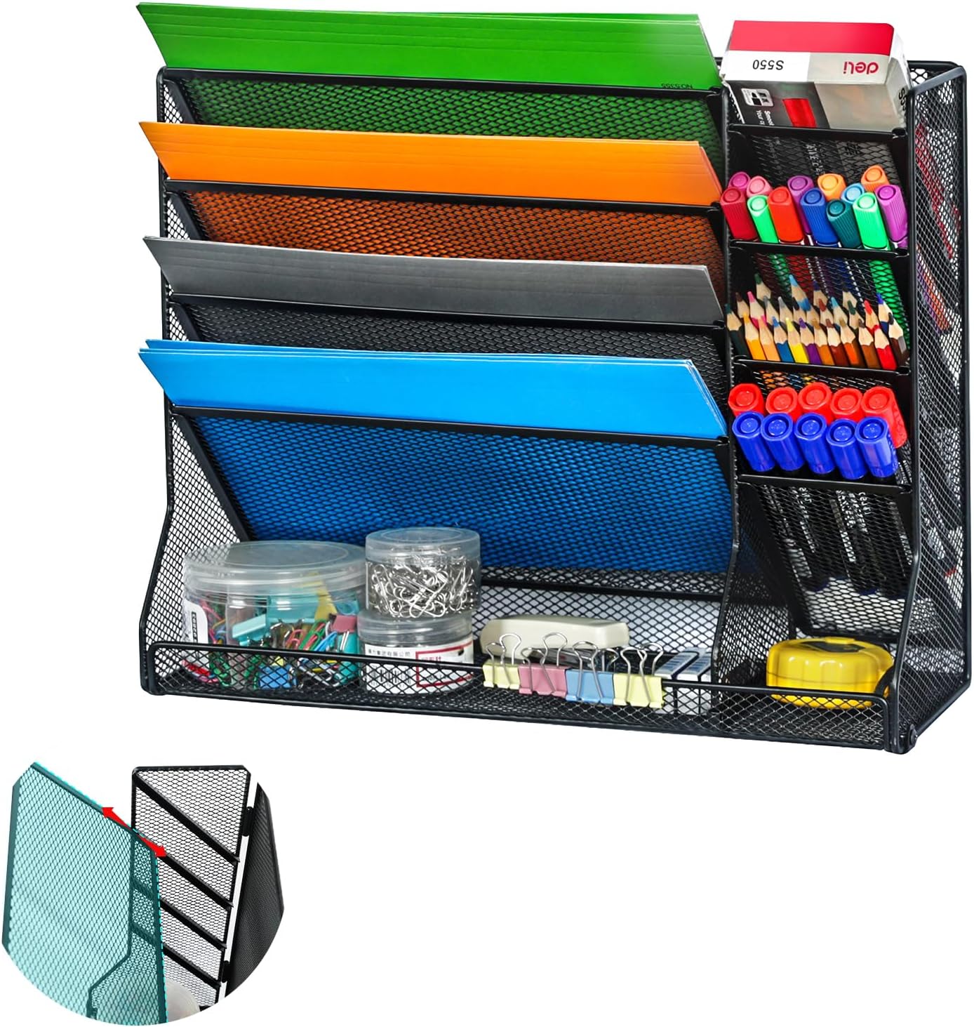 File Organizer Wall Mounted 4 Tiers Durable Adjustable Metal Vertical Hanging with 4 Pen Slots Stable R-Shaped Bottom 4 Pull-Out Divider to Sort File, Mail, Newspaper,Pen, Suitable for Office,Black