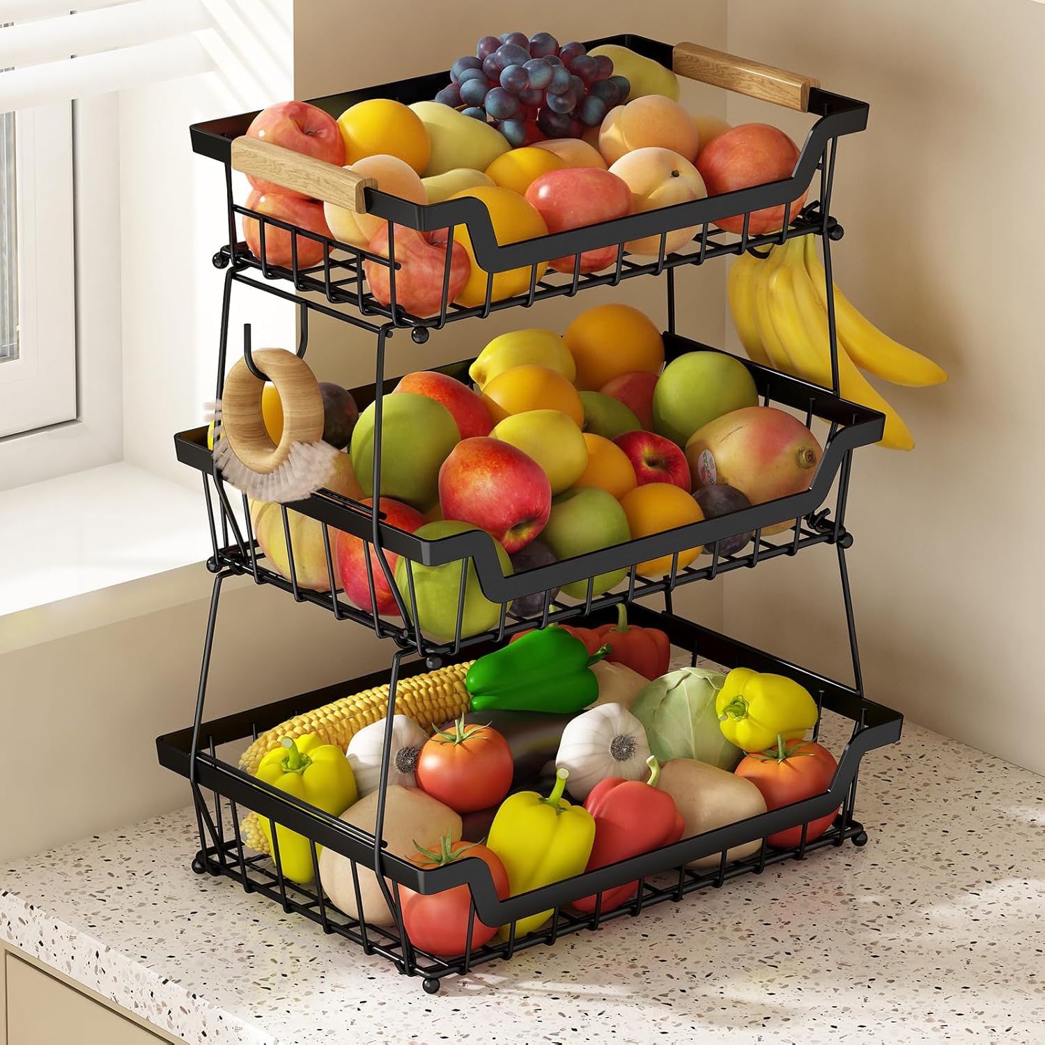 GILLAS 3 Tier Countertop Fruit Basket with 2 Banana Hangers for Kitchen, Detachable Metal Organizer for Bread Vegetable Fruits with Wooden Handle, Large Capacity Rectangular Storage Stand Bowls, Black