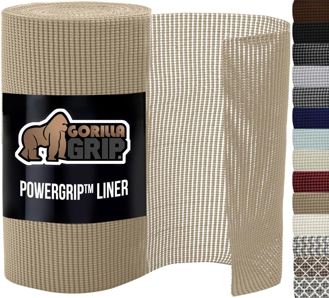 GORILLA GRIP powerGRIP Drawer Shelf and Cabinet Liner, Thick Strong Hold, Non-Adhesive Liners Protect Kitchen Cabinets and Cupboard, Bathroom Drawers, Easy Install, Breathable Mat, 12" x20', Beige