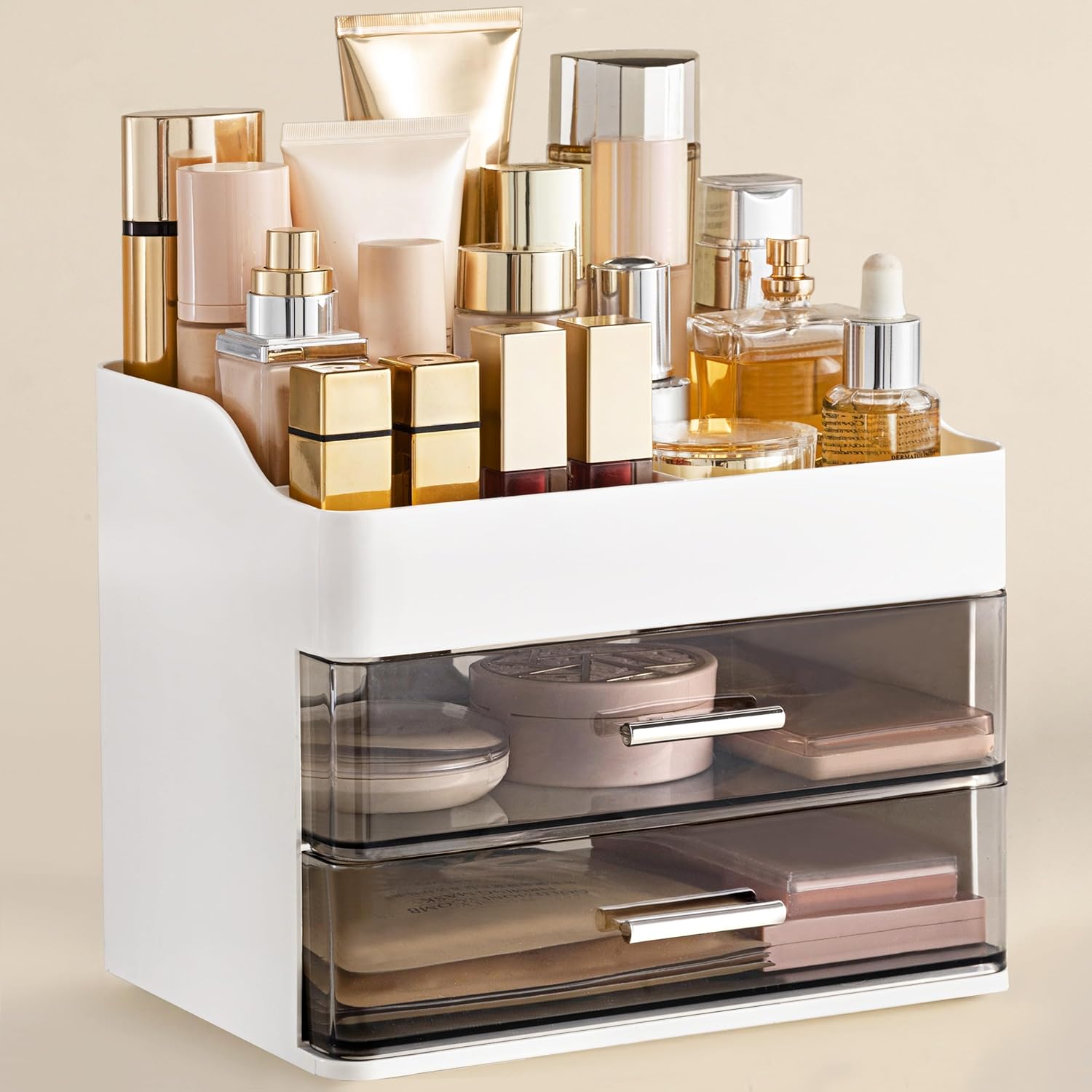 HBlife Makeup Organizer for Vanity with 2 Drawers, Large Plastic Bathroom Countertop Cosmetics Organizer Skin Care Storage, Easy to Store Lipsticks, Nail Polishes, Perfumes, Eyeshadow Palettes, White