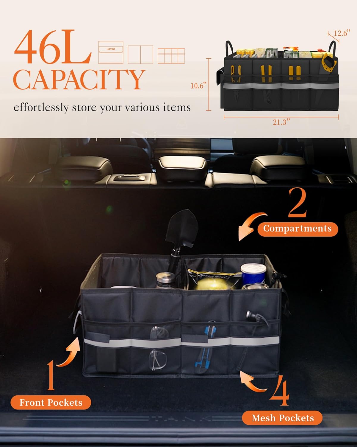 HOTOR Trunk Organizer - Car Organizer with 5 Pockets, Trunk organizer for SUV, Sedan & Van, Car Organization with Sturdy Base Panel for Car Accessories, Black, 2 Compartments, 21.3"×12.6"×10.6"