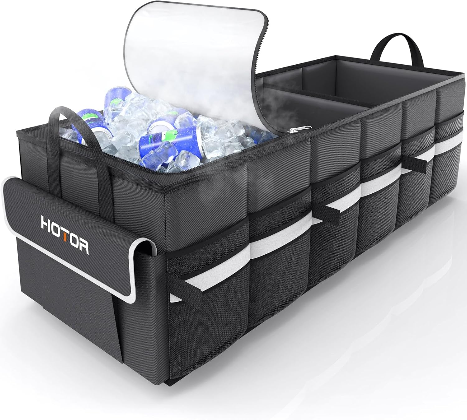 HOTOR Trunk Organizer - Car Organizer with Built-In Leakproof Car Cooler, Collapsible Trunk Organizer with Cooler for SUV, Sedan, with Base Panel (3 Compartments, Black),31.9"×12.6"×10.6"