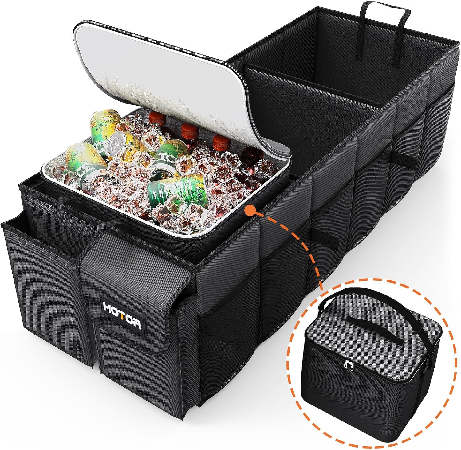 HOTOR Trunk Organizer, Sturdy Foldable with Cooler for Car & SUV, 3 Compartments, Black, 30.90”×12.60”×10.63”