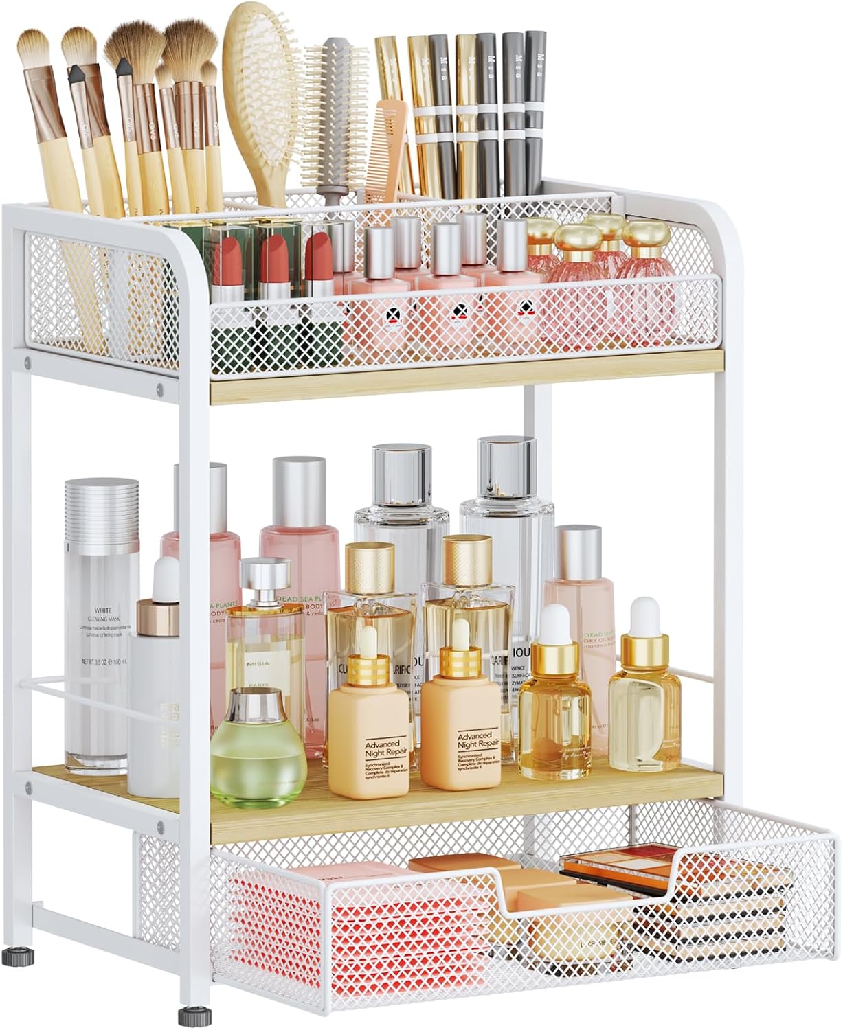 HapiRm Makeup Organizer Countertop with Drawer - Large Capacity Vanity Organizer with Dividers, Bathroom and Bedroom Desk Cosmetic Display Case for Storage Skincare, Makeup Brush, Dresser, Perfume