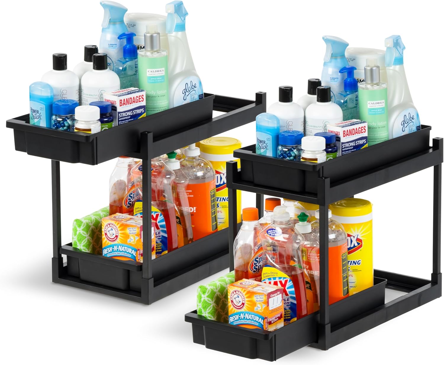 IRIS USA Under Sink Organizer, 2 Pack, Pull Out Under Cabinet Organizers and Storage, Kitchen Shelf Pantry Bathroom Under Counter, Cleaning Supplies, Vertical Spice Rack Slide Out Drawer, Easy Install