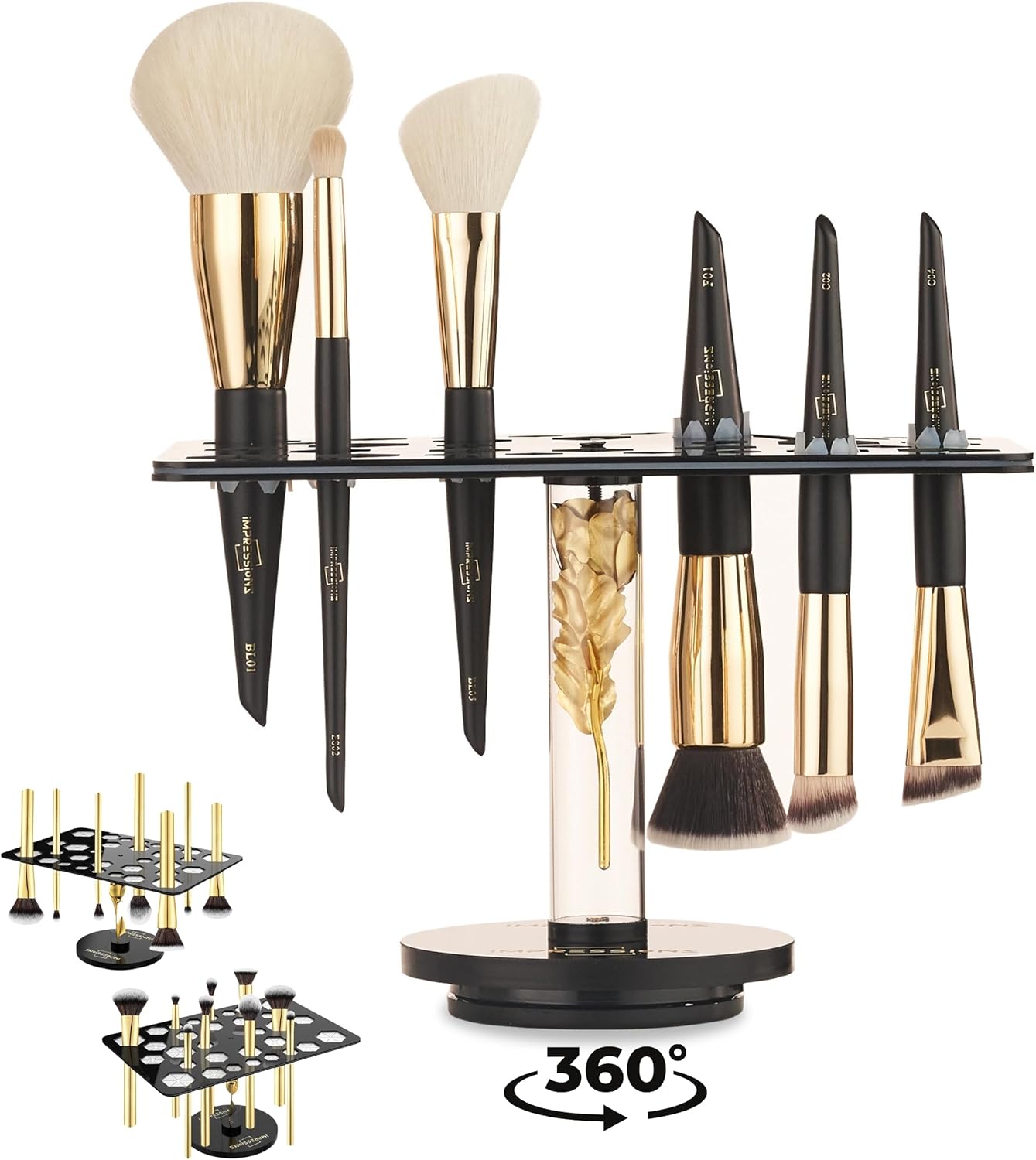 ImpressionZ Makeup Brush Drying Rack – 360° Rotating Base with 32 Slots | Acrylic Brush Organizer & Dryer Stand for All Makeup Brushes – Space-Saving Holder for Vanity, Desk, or Countertop