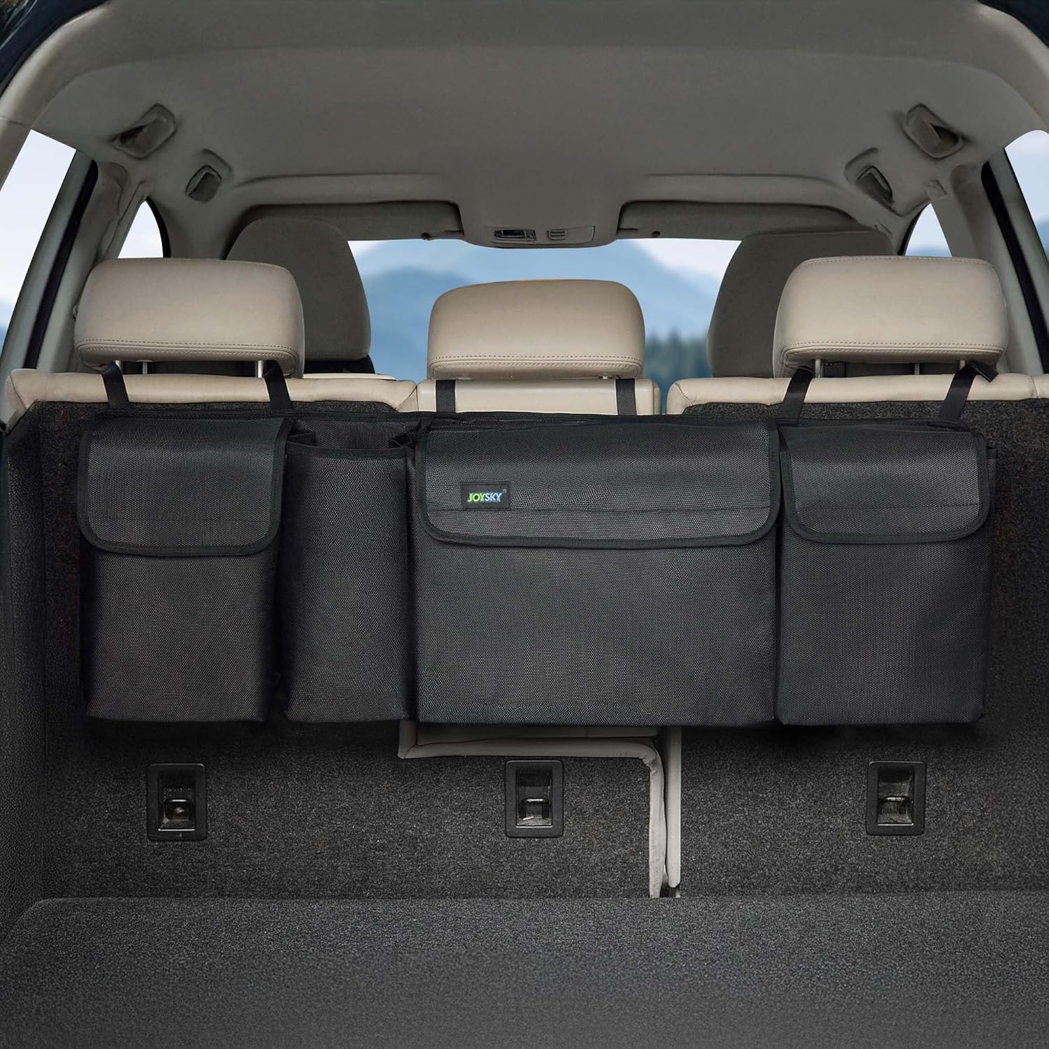 JOYSKY Trunk Hanging Organizer, Backseat Car Organizer with Large Pockets for SUV, Truck, MPV, Collapsible Vehicle Storage Bag, Car Interior Accessories Providing More Trunk Space
