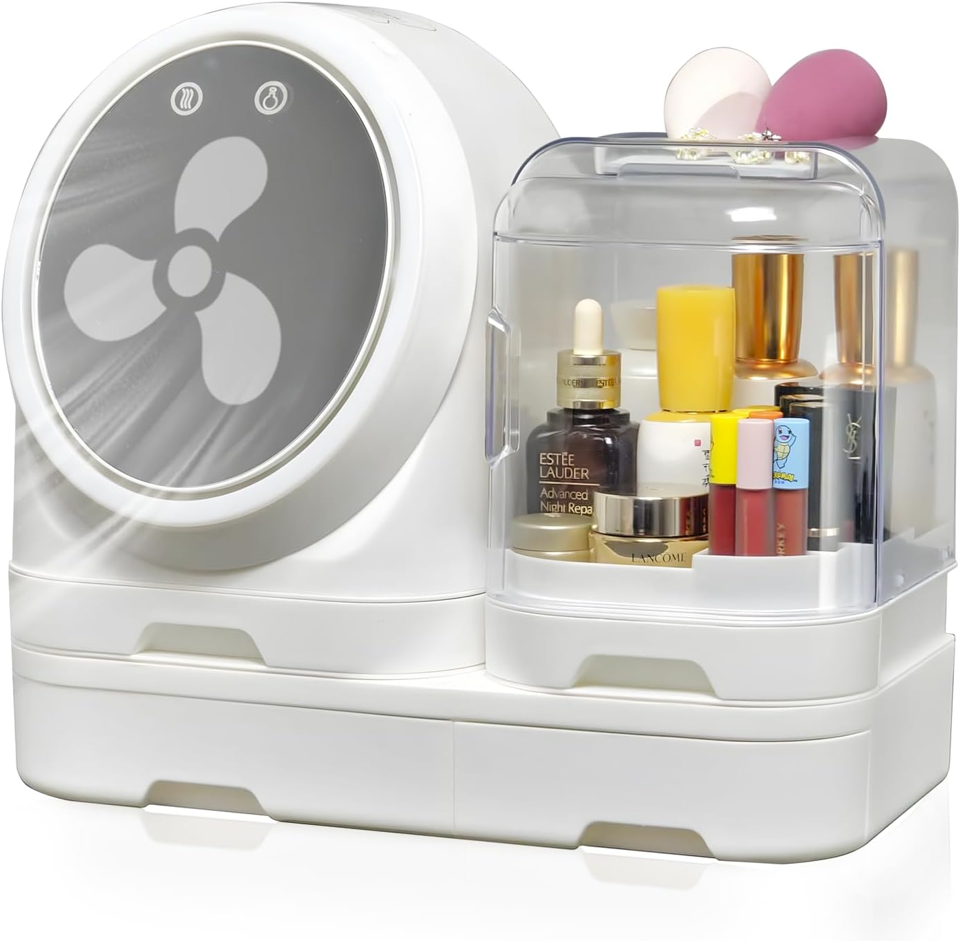 Makeup Organizer With Mirror-Cosmetic Display Case with LED FAN Drawers,Skincare Storage for Vanity Countertop Bathroom Bedroom