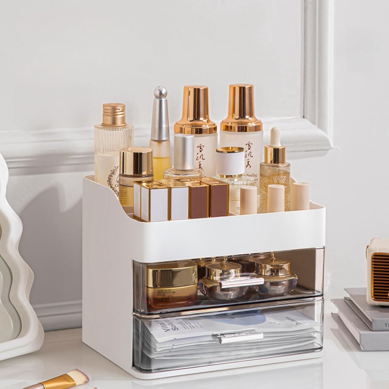Makeup Organizer for Vanity,Vanity Organizer with 2 Drawers,Makeup&Skincare Organizers Countertop,Cosmetic Display Case,Vanity Storage Box(White)
