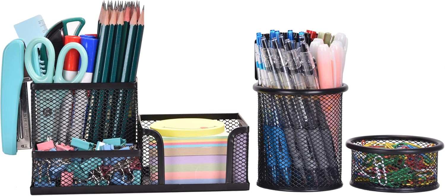 Mesh Desk Organizer, Set of 3 Pen Holder for Desk Organizers and Accessories, Stationary Organizer Caddy with Pencil Holder Sticky Notes Holder, Pencil Cup and Paperclips Cup
