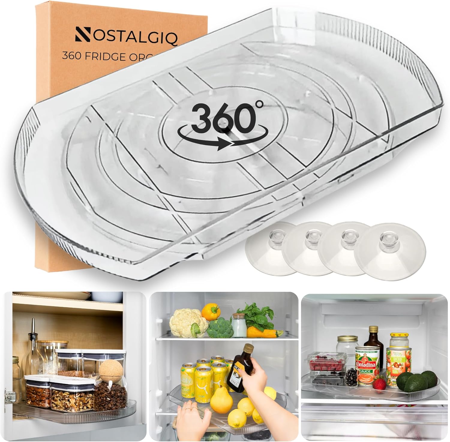 NOSTALGIQ 360° Rotating Lazy Susan for Refrigerator| Rectangular Fridge Organizer | Cabinet, Pantry, Refrigerator Organizers and Storage | Effortlessly Refrigerator Organizing Solution (16.5 x 11in)