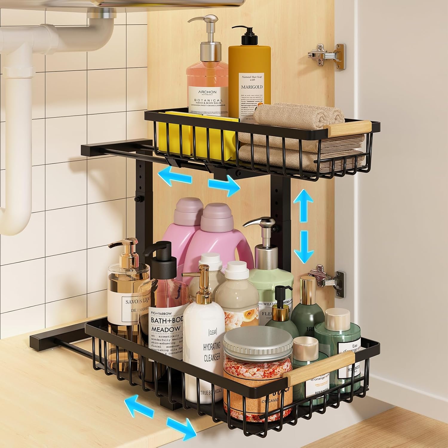 REALINN Under Sink Organizer, Height Adjustable Under Sink Organizers and Storage, 2 Tier Pull Out Drawer Cabinet Storage for Kitchen Bathroom, 1 Pack