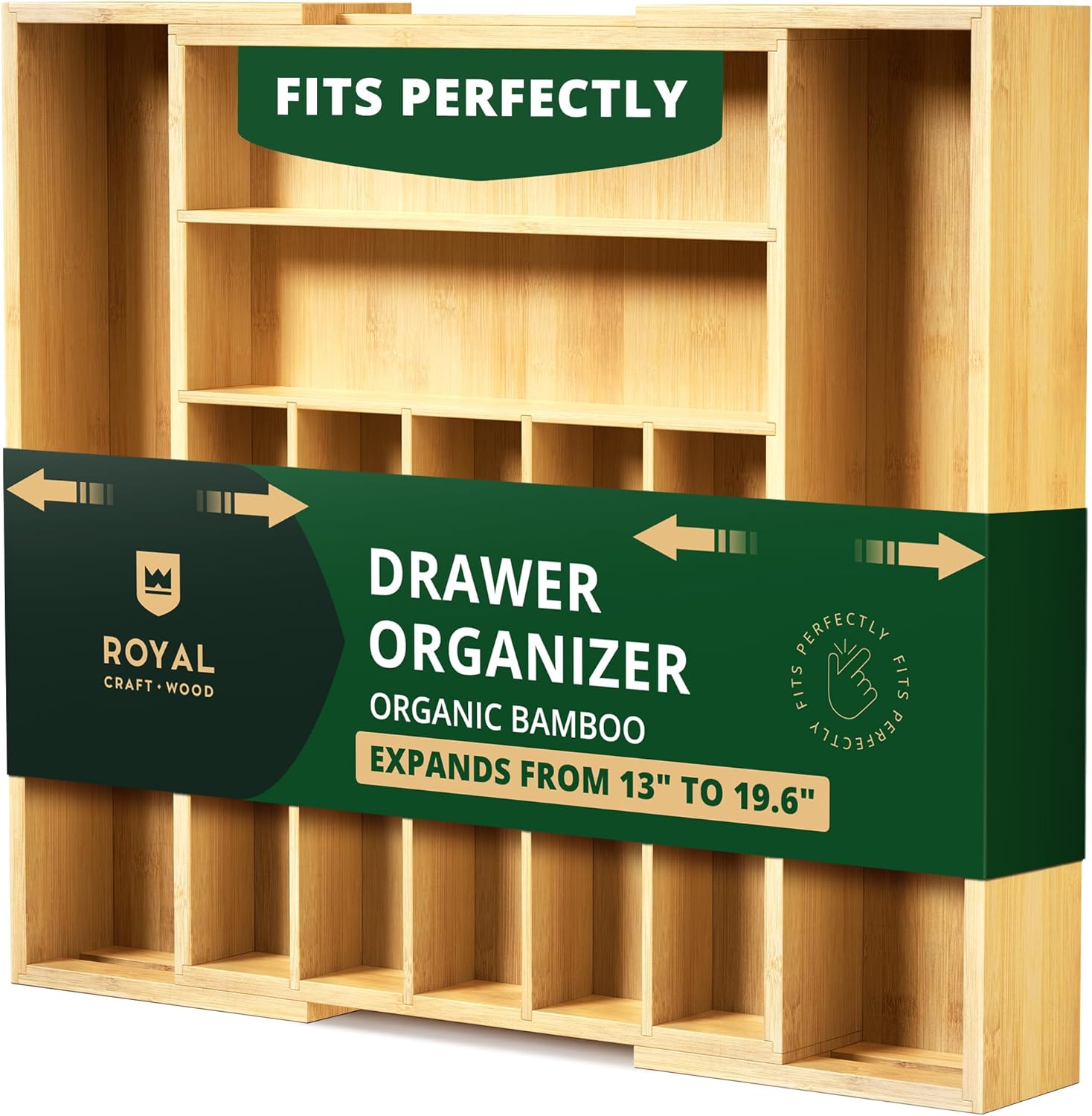ROYAL CRAFT WOOD Luxury Bamboo Kitchen Drawer Organizer - Silverware Organizer, Utensil Holder & Cutlery Tray Drawer Dividers for Flatware (9 Slot, Natural)