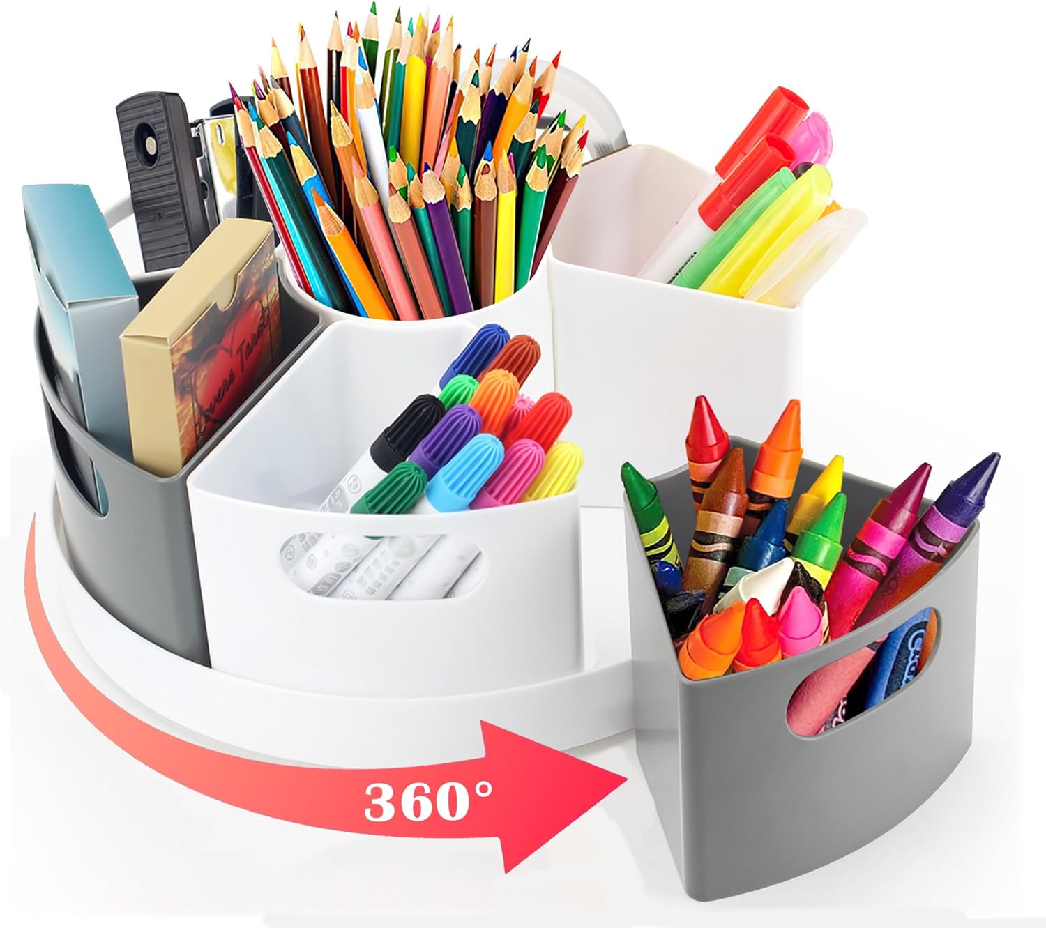 Rotating Art Supply Organizer Storage Caddy for Kids, 7 Bins Craft Crayon Marker Organizer for School Desk, Lazy Susan Pencil Holder for Classroom Organization, Homeschool Supplies
