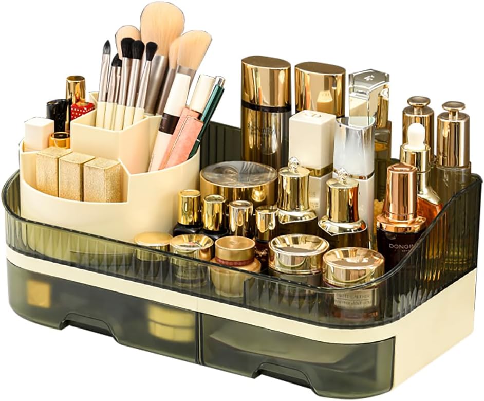 Rotating Makeup Organizer Countertop, Dual Drawer Clear Acrylic Cosmetic Storage (green)