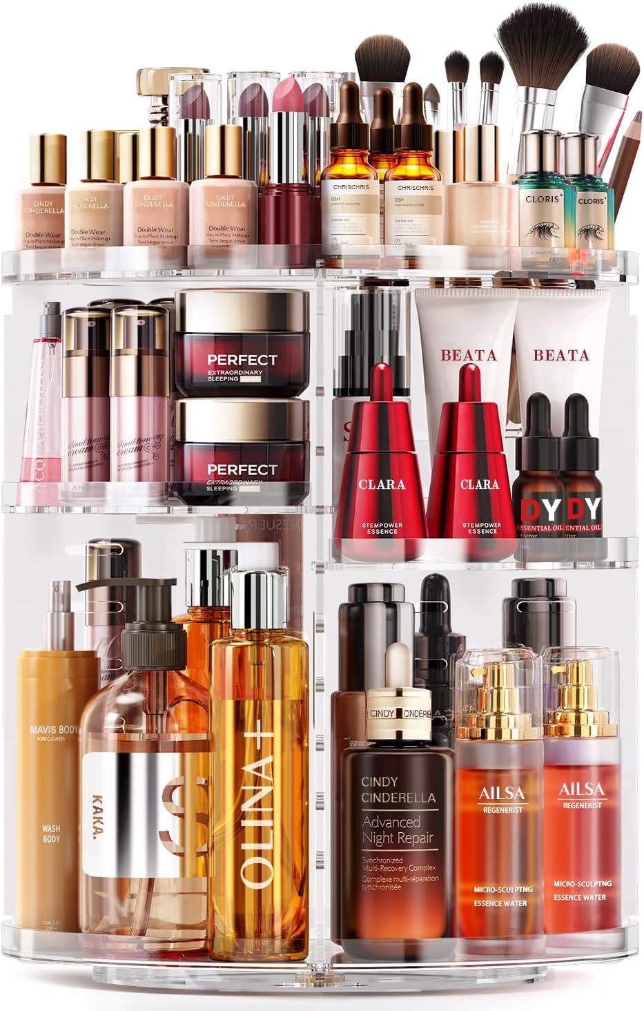 Rotating Makeup Organizer, DIY 9 Adjustable Layers Spinning Skincare Organizer, Bathroom Organizer with Brush Holder Perfume Tray, Multi-Function Storage Carousel for Vanity Bathroom Countertop