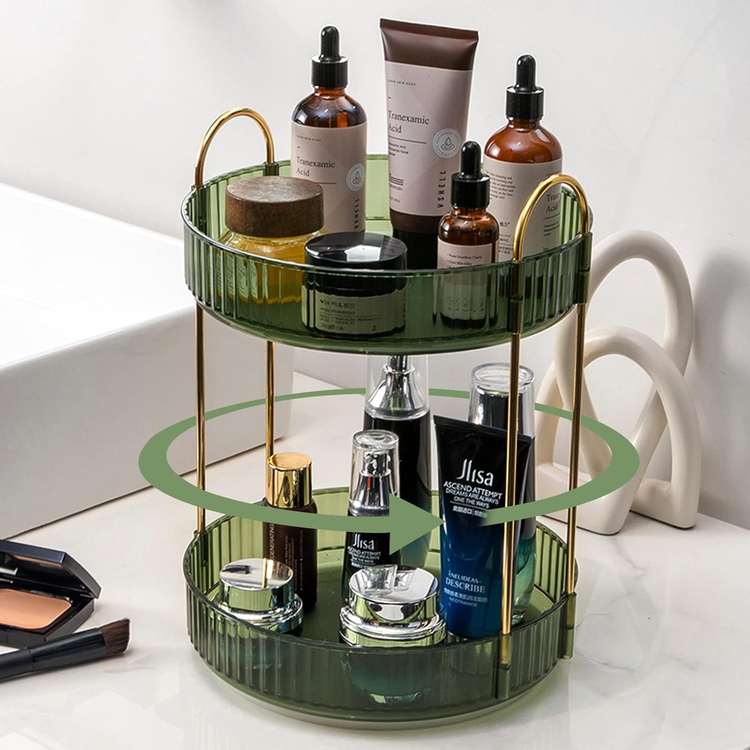 Rotating Makeup Organizer for Vanity, High-Capacity Skincare Clear Make Up Storage Perfume Organizers Cosmetic Dresser Organizer Countertop 360 Spinning (Purple, 3 Tier)