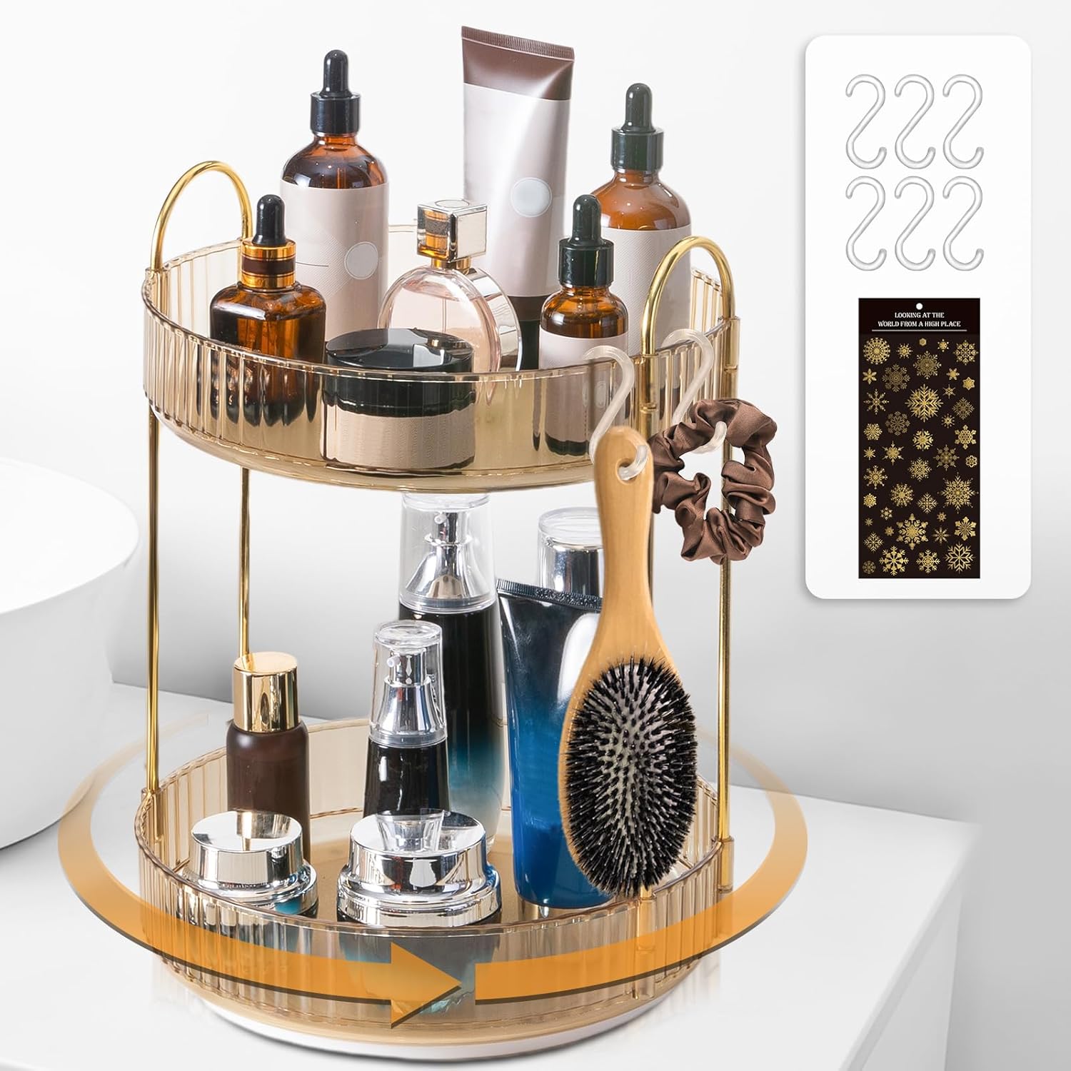 Rotating Makeup Organizer for Vanity,Large Perfume Organizers Skincare Make Up Storage Perfume Organizers Countertop Organizer with Extra Hooks and Stickers for Bathroom